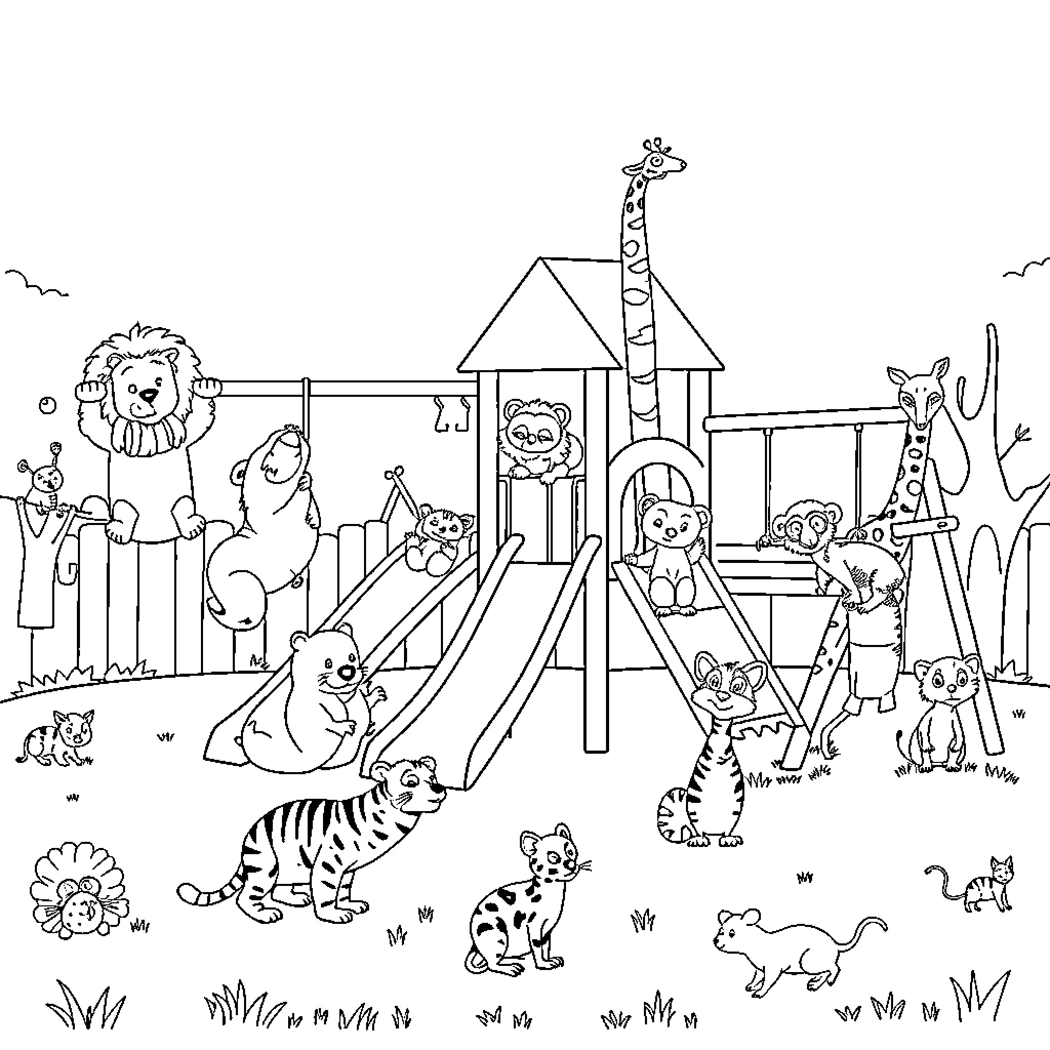 Animals playing at the playground Coloring Page (free black-and-white line drawing printable PDF for all, from beginners to advanced learners, including children, teens, adults, and seniors)