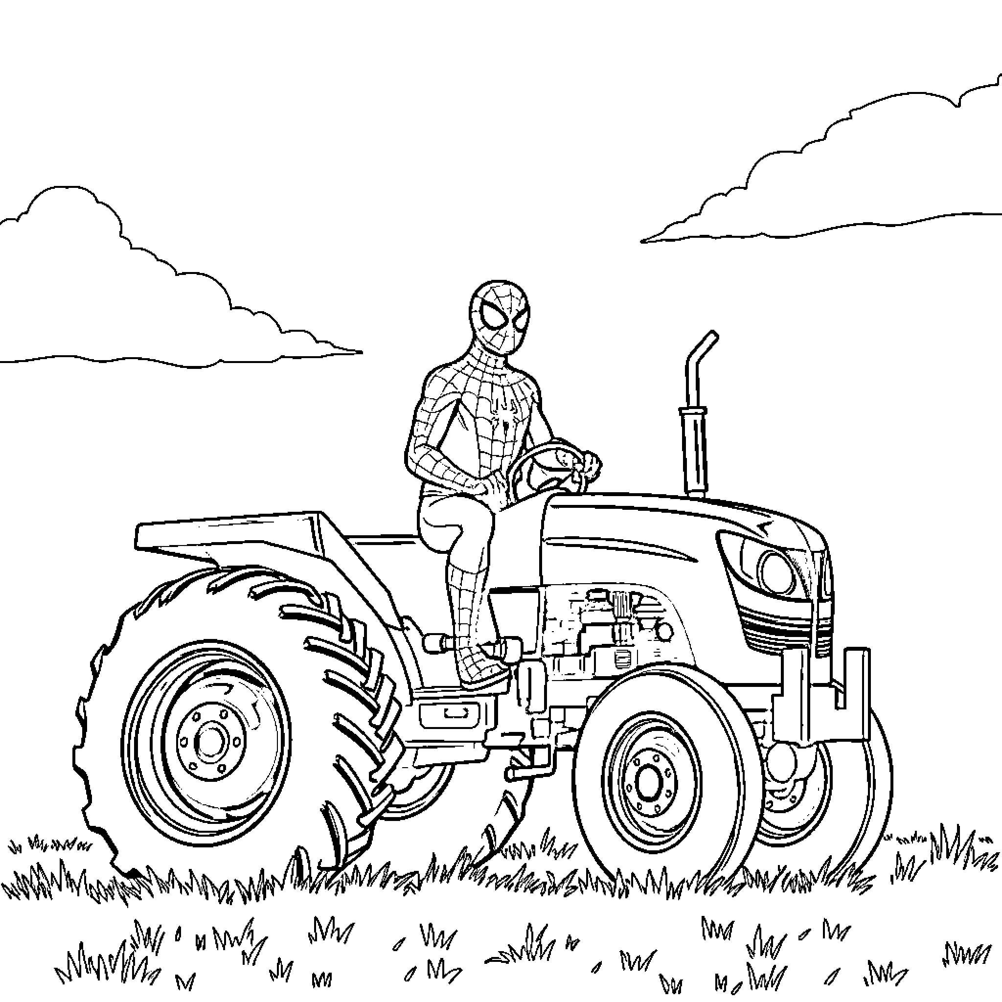 Spiderman driving a tractor in the countryside Coloring Page (free black-and-white line drawing printable PDF for all, from beginners to advanced learners, including children, teens, adults, and seniors)