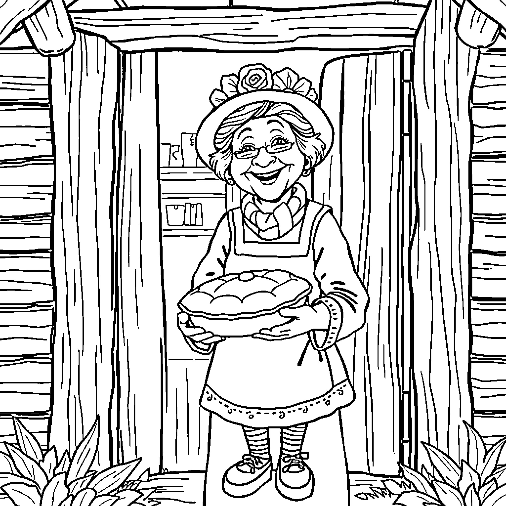 Lady baking a pie in a cozy cottage Coloring Page (free black-and-white line drawing printable PDF for all, from beginners to advanced learners, including children, teens, adults, and seniors)