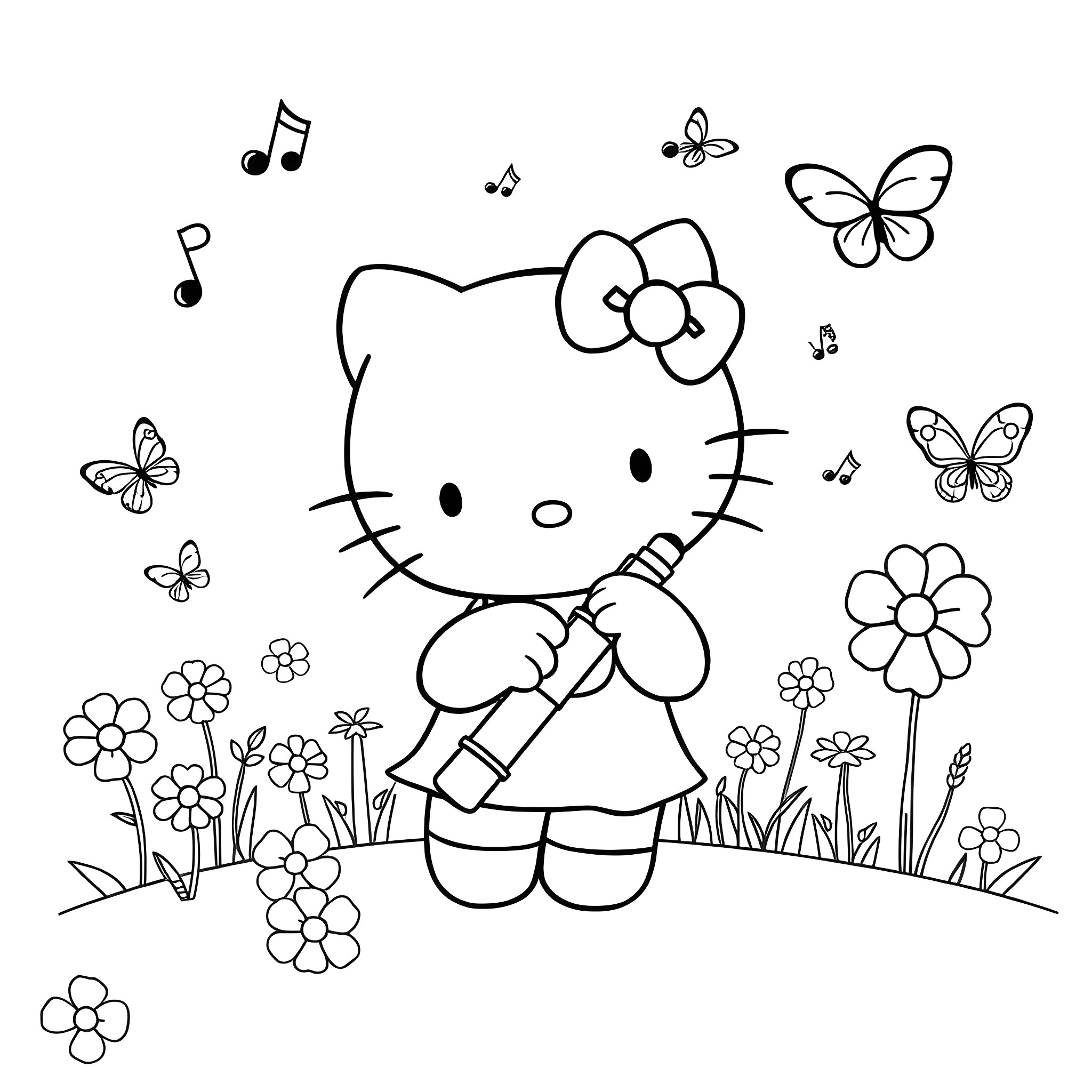 Hello Kitty surrounded by whimsical floral elements Coloring Page (free black-and-white line drawing printable PDF for all, from beginners to advanced learners, including children, teens, adults, and seniors)