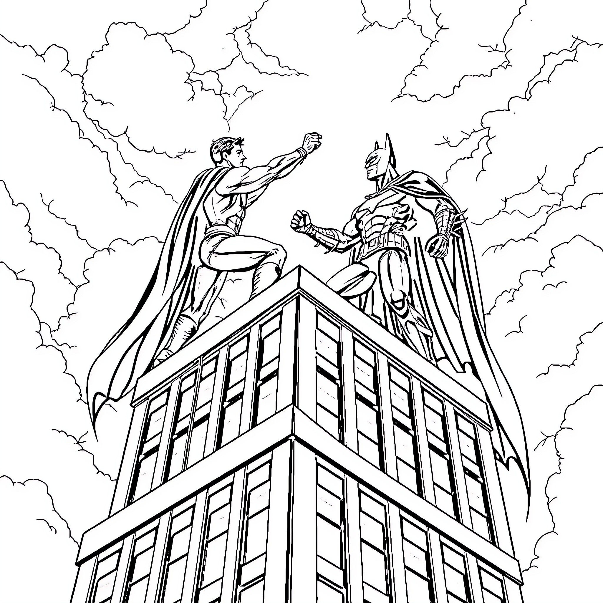 Superman and Batman confrontation on skyscraper Coloring Page (free black-and-white line drawing printable PDF for all, from beginners to advanced learners, including children, teens, adults, and seniors)