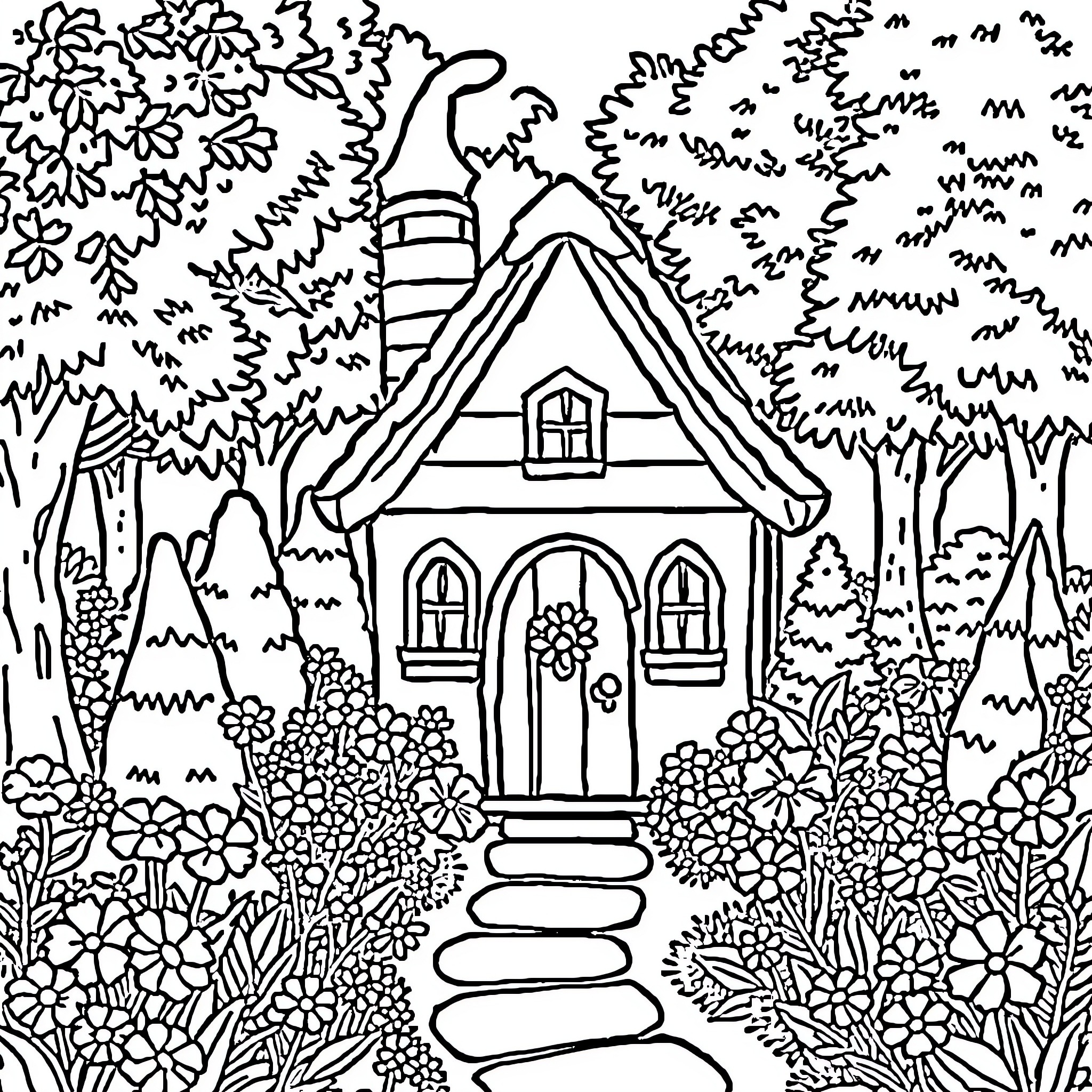 Gnome's Cozy Cottage in the Enchanted Forest Coloring Page (free black-and-white line drawing printable PDF for all, from beginners to advanced learners, including children, teens, adults, and seniors)