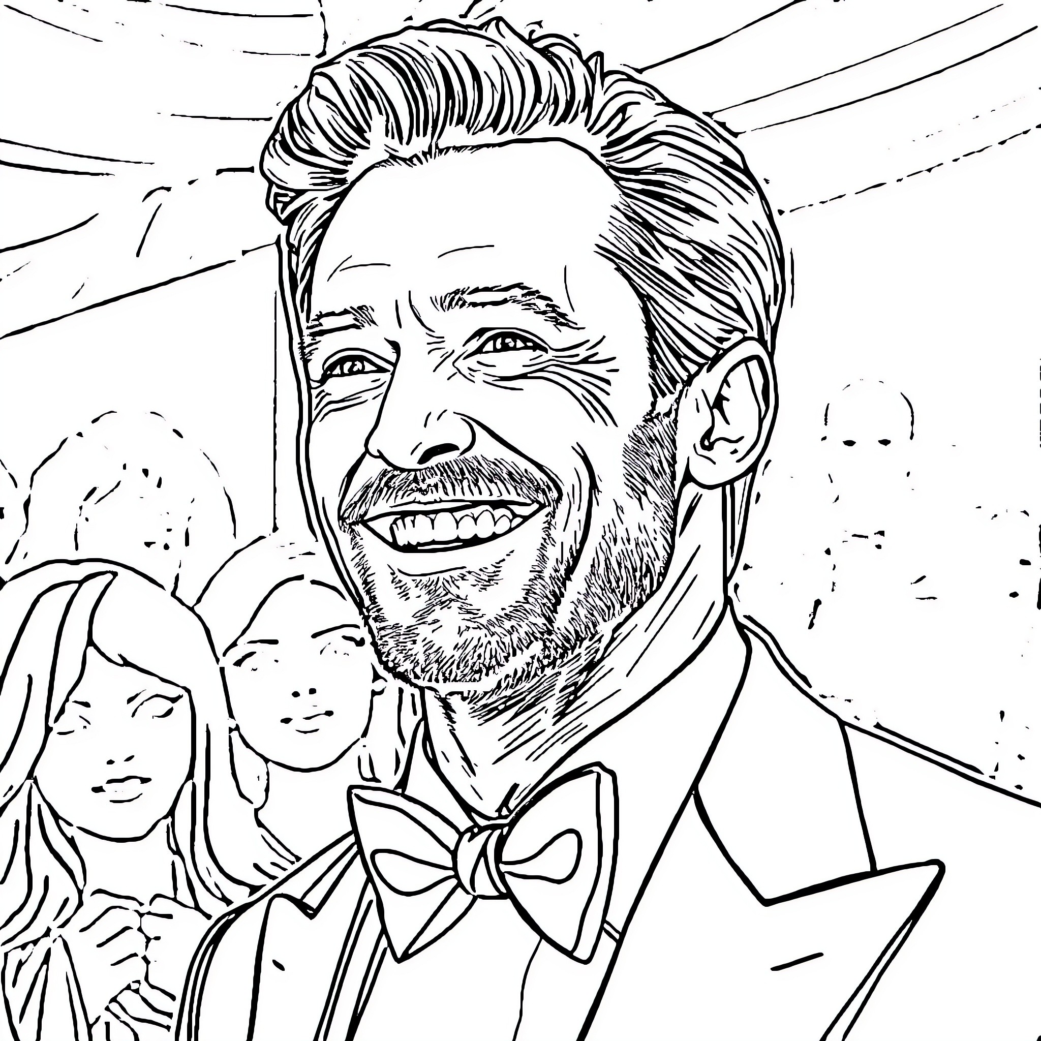 Hugh Jackman's smiling portrait with fans in the background Coloring Page (free black-and-white line drawing printable PDF for all, from beginners to advanced learners, including children, teens, adults, and seniors)