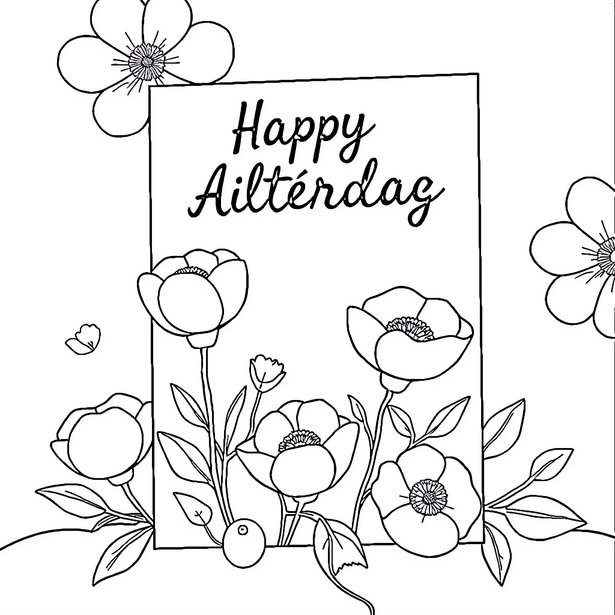 Poppy flowers for a happy birthday Coloring Page (free black-and-white line drawing printable PDF for all, from beginners to advanced learners, including children, teens, adults, and seniors)