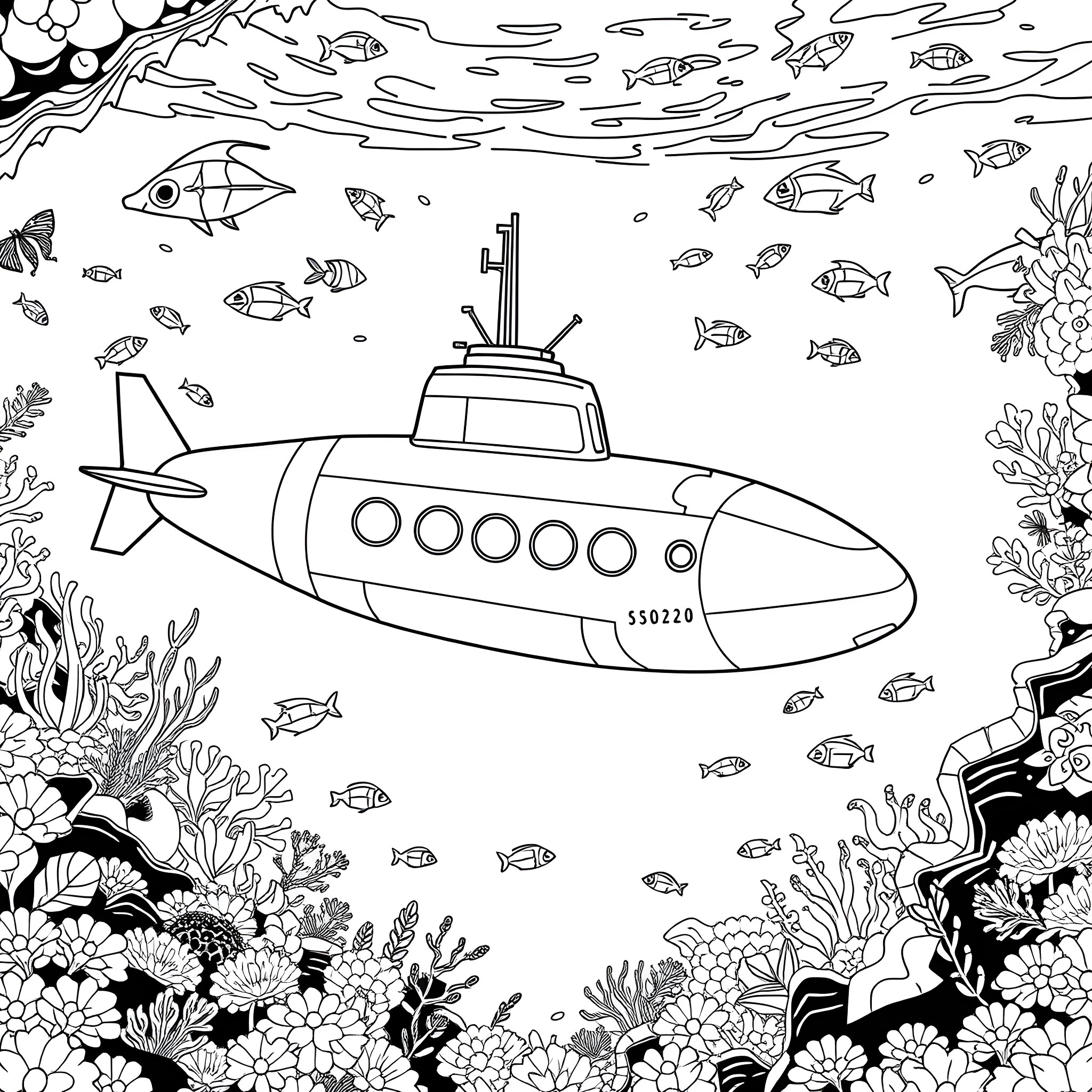 Submarine Exploring the Underwater World Coloring Page (free black-and-white line drawing printable PDF for all, from beginners to advanced learners, including children, teens, adults, and seniors)