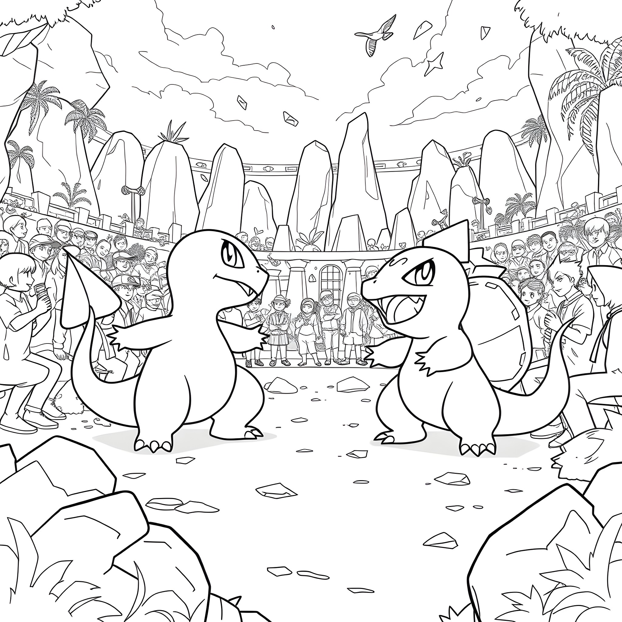 Pokémon characters battling in a lively natural scene Coloring Page (free black-and-white line drawing printable PDF for all, from beginners to advanced learners, including children, teens, adults, and seniors)