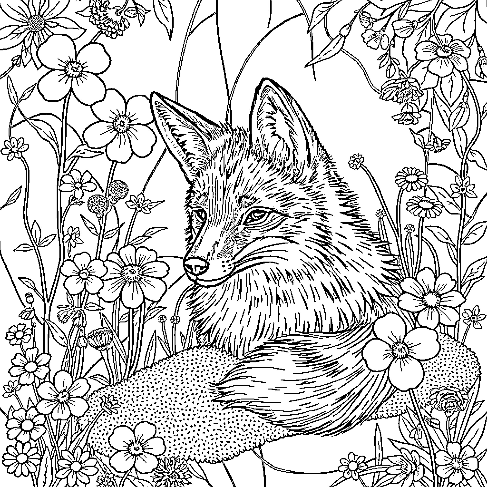 Fox hiding in a field of flowers Coloring Page (free black-and-white line drawing printable PDF for all, from beginners to advanced learners, including children, teens, adults, and seniors)
