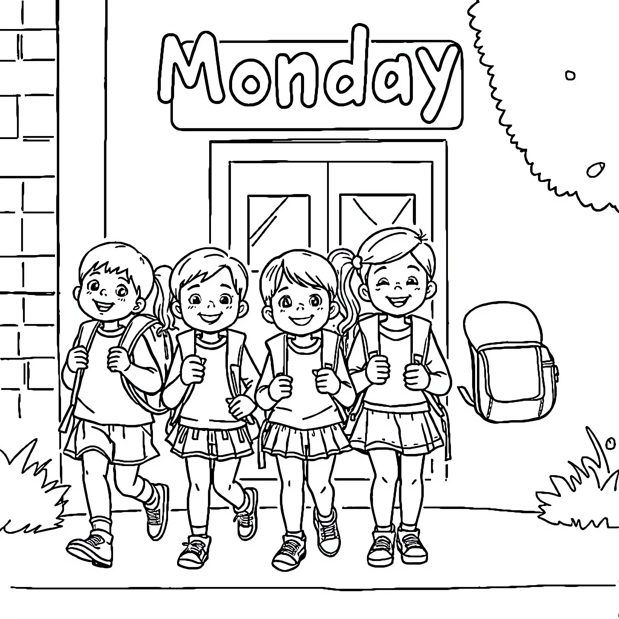 School students happily walking together on Monday Coloring Page (free black-and-white line drawing printable PDF for all, from beginners to advanced learners, including children, teens, adults, and seniors)