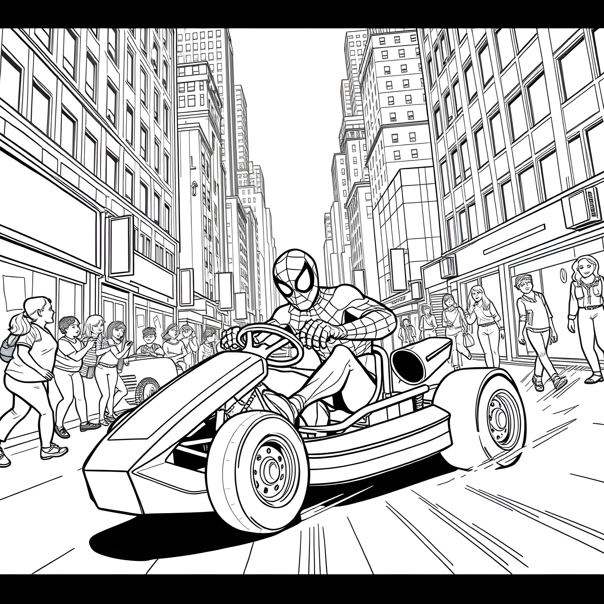 Spiderman racing in a futuristic go-kart on city streets Coloring Page (free black-and-white line drawing printable PDF for all, from beginners to advanced learners, including children, teens, adults, and seniors)