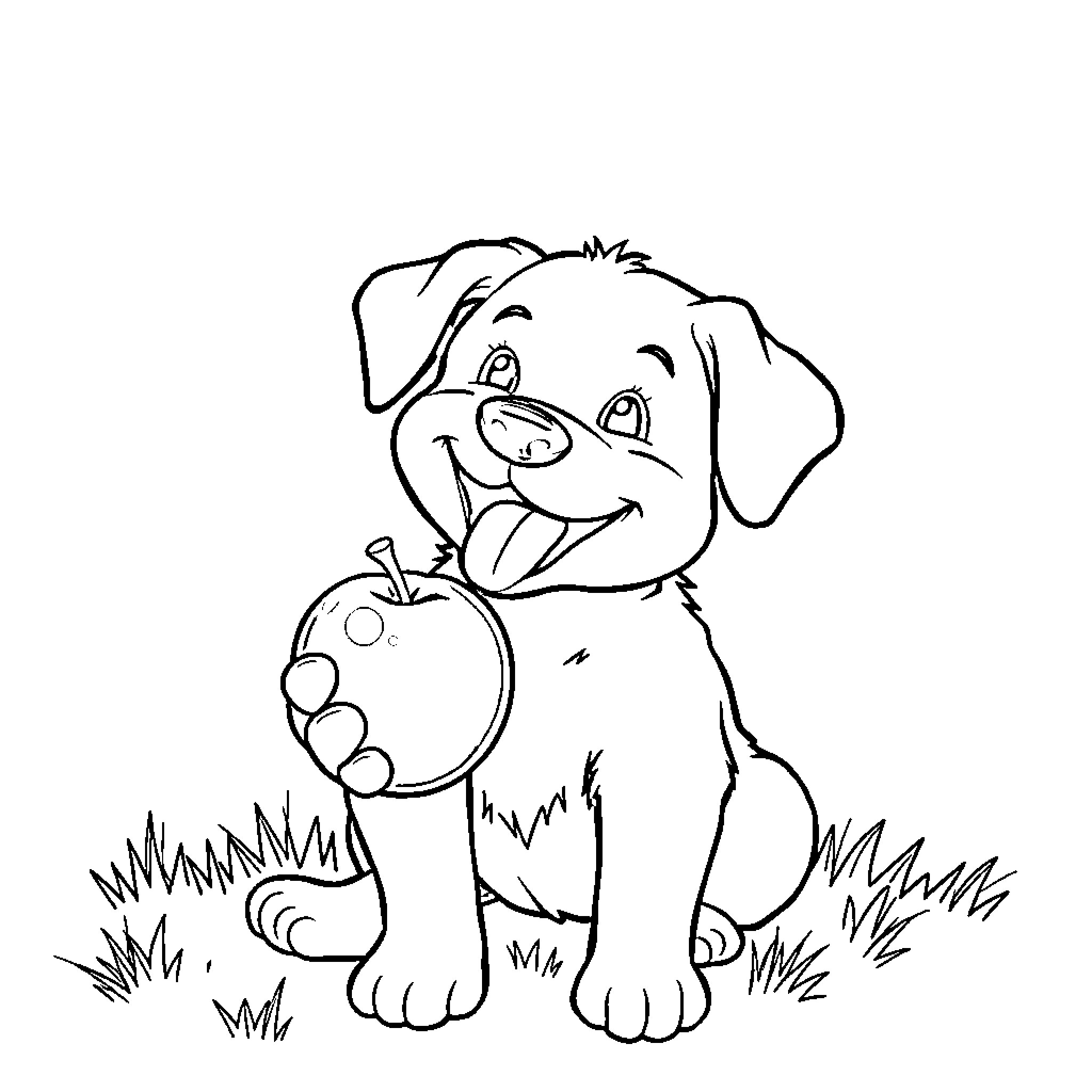 Dog happily playing with ball in the grass Coloring Page (free black-and-white line drawing printable PDF for all, from beginners to advanced learners, including children, teens, adults, and seniors)