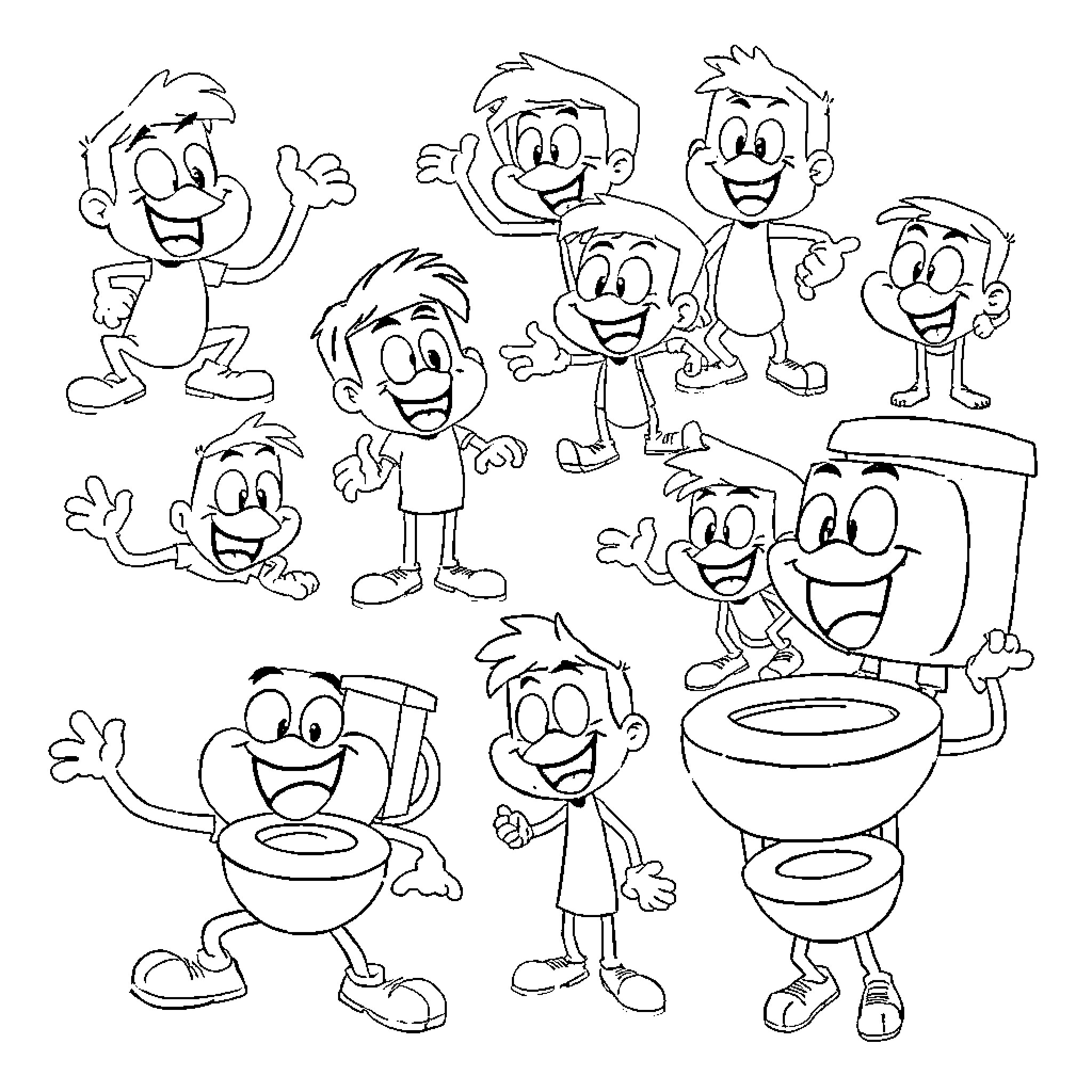 Skibidi Toilet: Playful Cartoon Characters in Amusing Poses Coloring Page (free black-and-white line drawing printable PDF for all, from beginners to advanced learners, including children, teens, adults, and seniors)