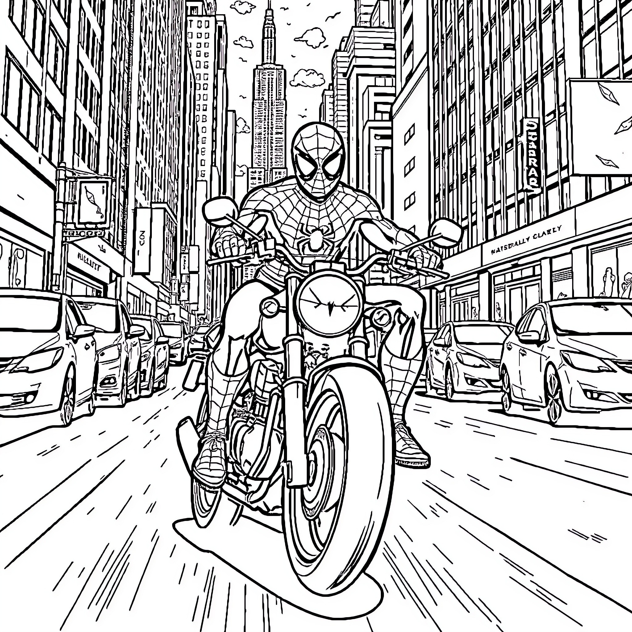 Spiderman riding a motorcycle through a busy city Coloring Page (free black-and-white line drawing printable PDF for all, from beginners to advanced learners, including children, teens, adults, and seniors)