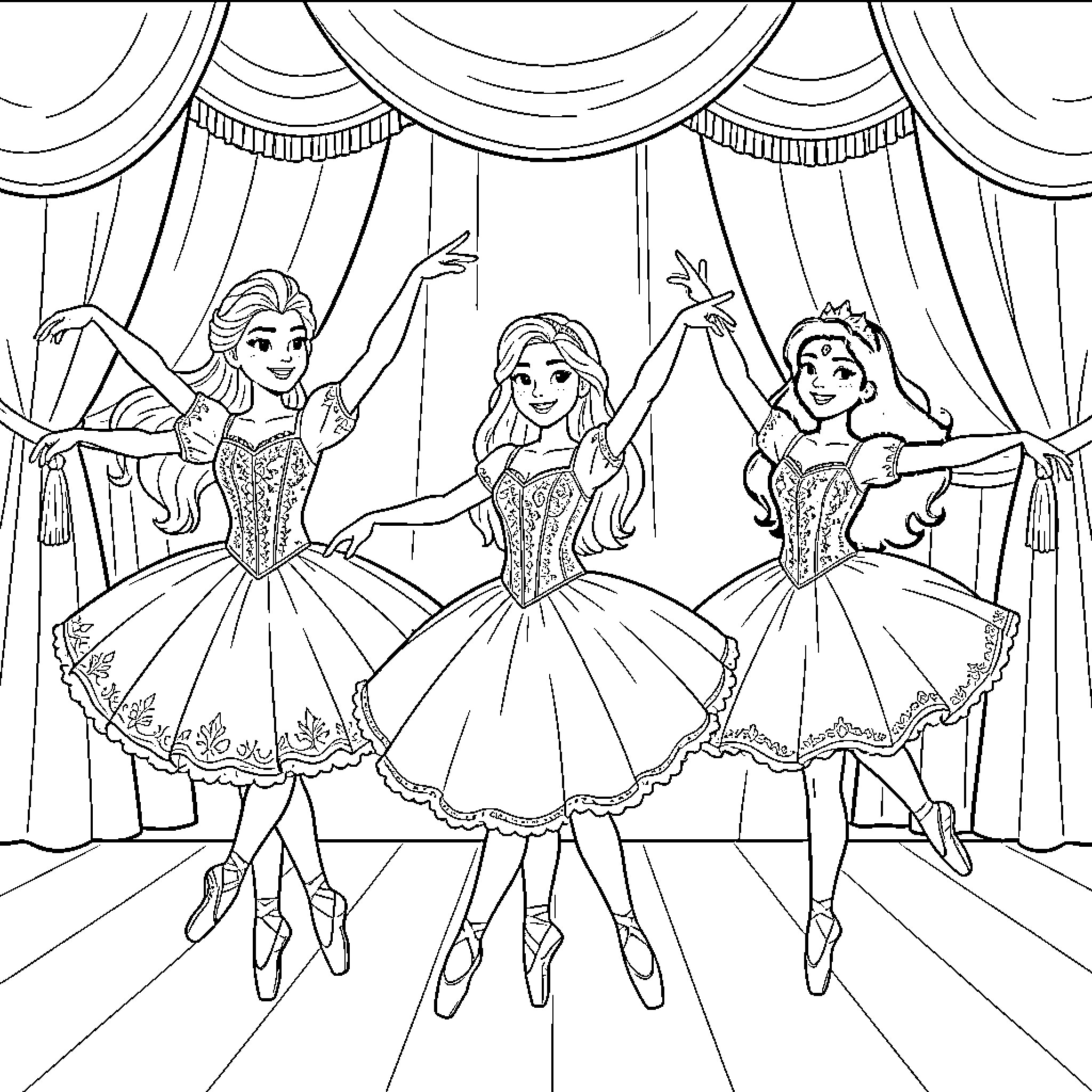 Ballerina trio performing a dance on a stage Coloring Page (free black-and-white line drawing printable PDF for all, from beginners to advanced learners, including children, teens, adults, and seniors)