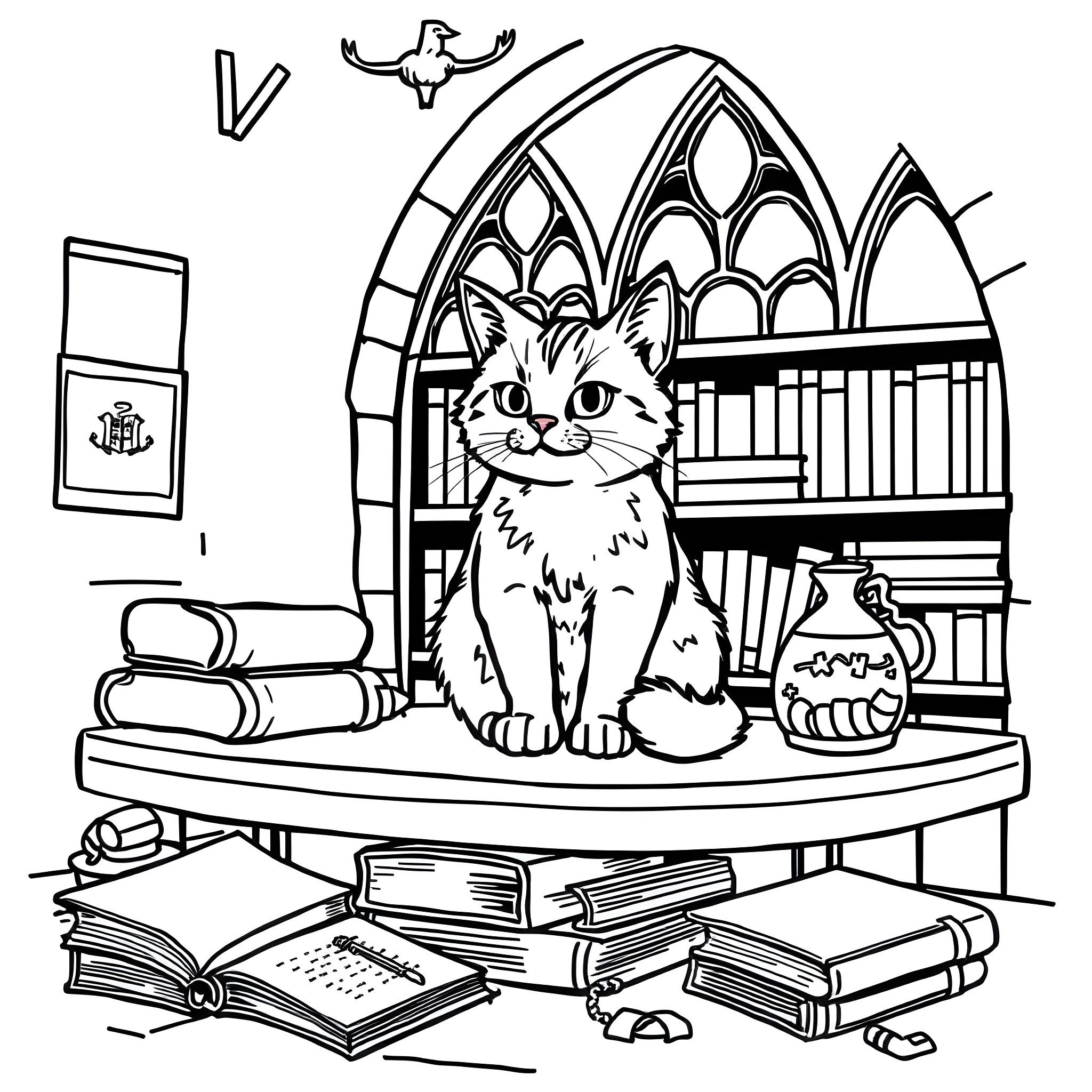 Cat sitting in a cozy library Coloring Page (free black-and-white line drawing printable PDF for all, from beginners to advanced learners, including children, teens, adults, and seniors)