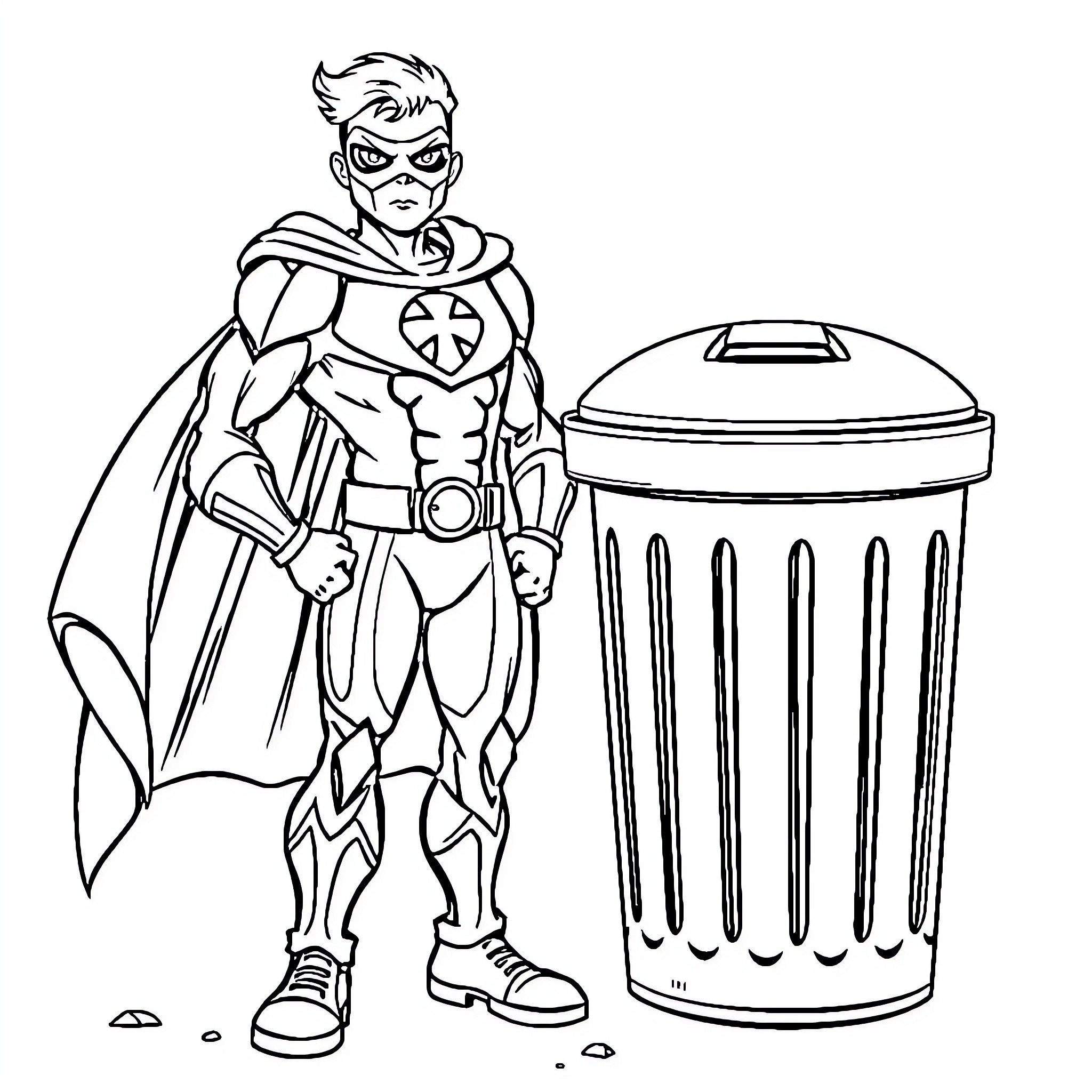 Superhero hero taking out the trash Coloring Page (free black-and-white line drawing printable PDF for all, from beginners to advanced learners, including children, teens, adults, and seniors)