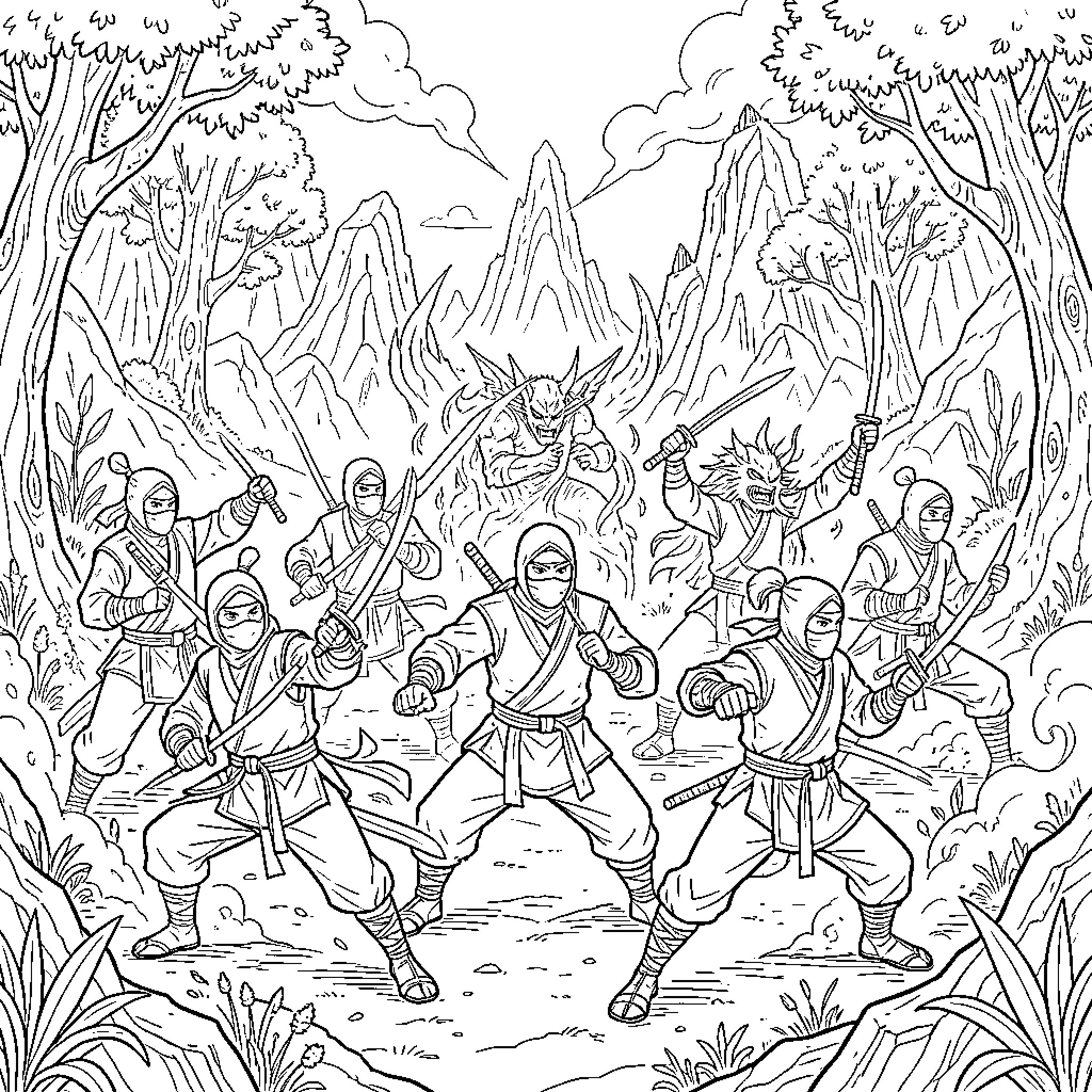 Ninjago warriors battling powerful monsters in a mountain forest Coloring Page (free black-and-white line drawing printable PDF for all, from beginners to advanced learners, including children, teens, adults, and seniors)