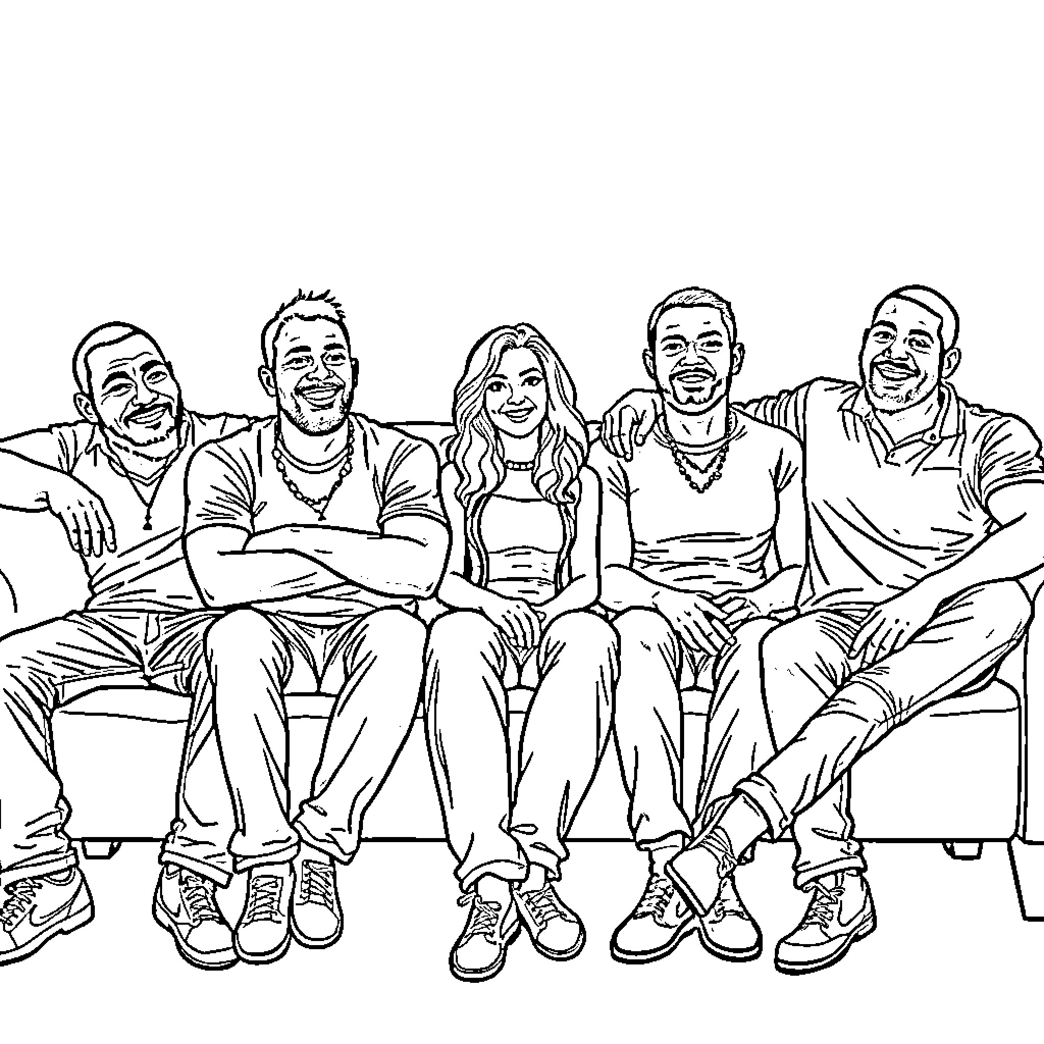 Man Posing With Friends in Casual Attire Coloring Page (free black-and-white line drawing printable PDF for all, from beginners to advanced learners, including children, teens, adults, and seniors)