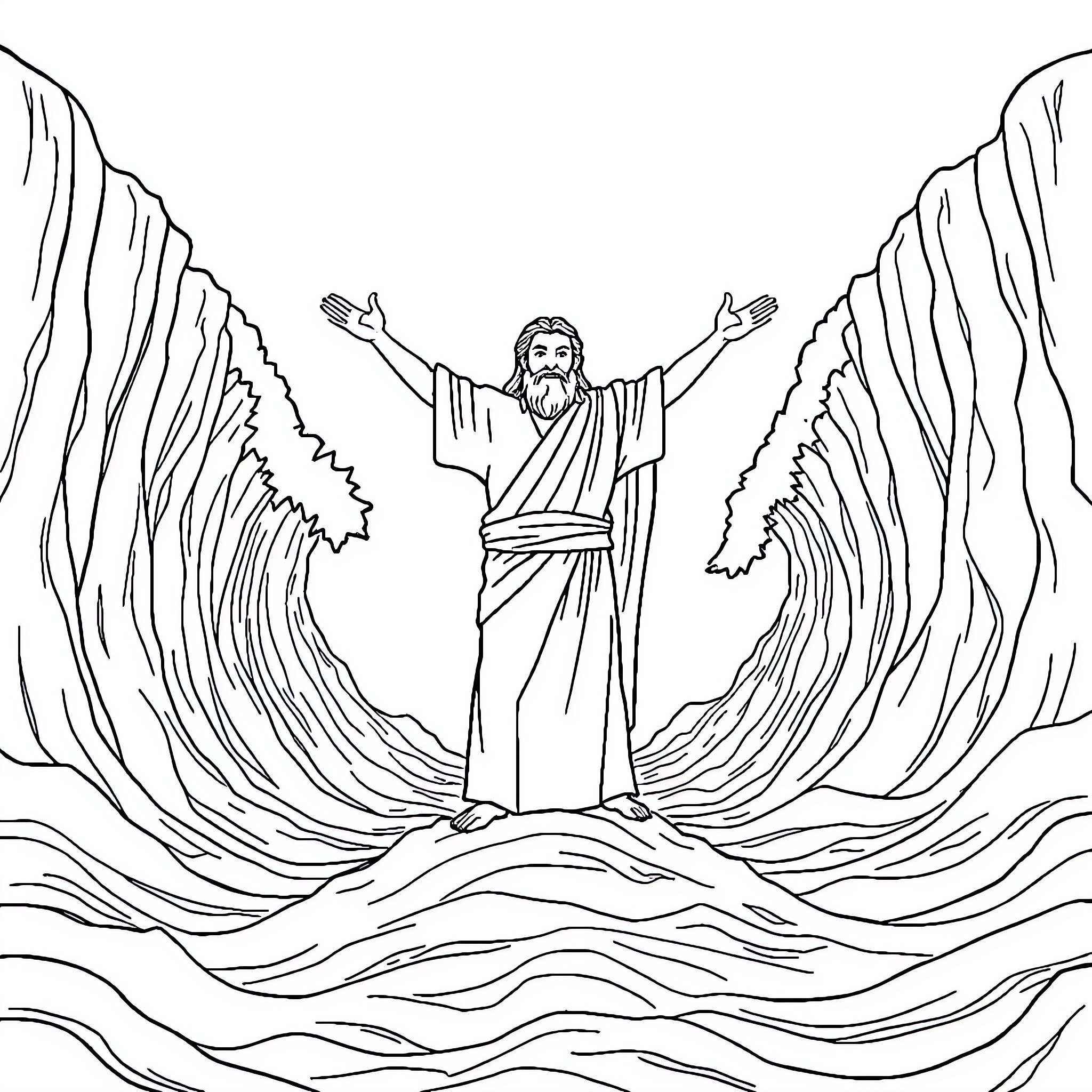 Moses Parting the Seas with Outstretched Arms Coloring Page (free black-and-white line drawing printable PDF for all, from beginners to advanced learners, including children, teens, adults, and seniors)