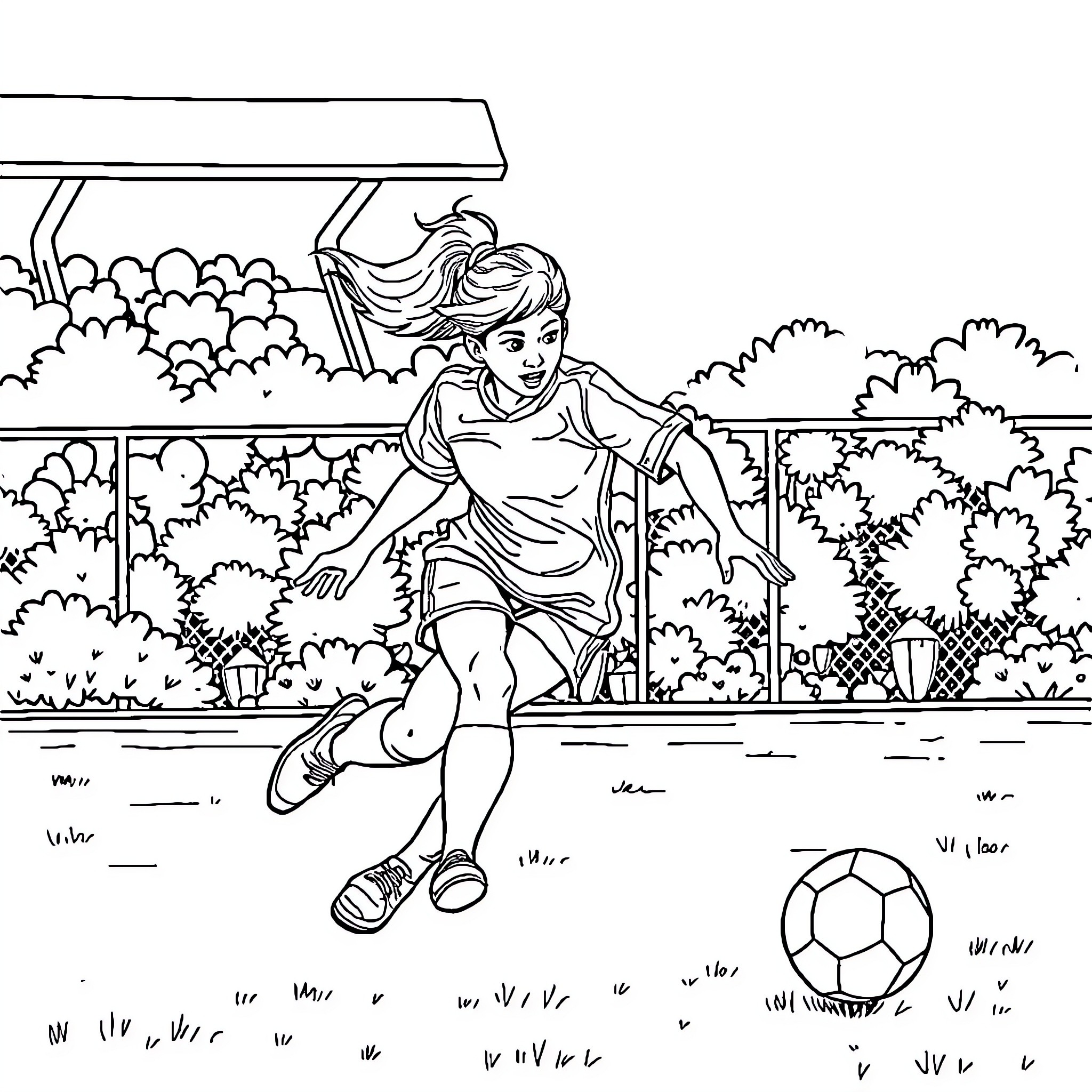 Mom playing with a soccer ball in the park Coloring Page (free black-and-white line drawing printable PDF for all, from beginners to advanced learners, including children, teens, adults, and seniors)