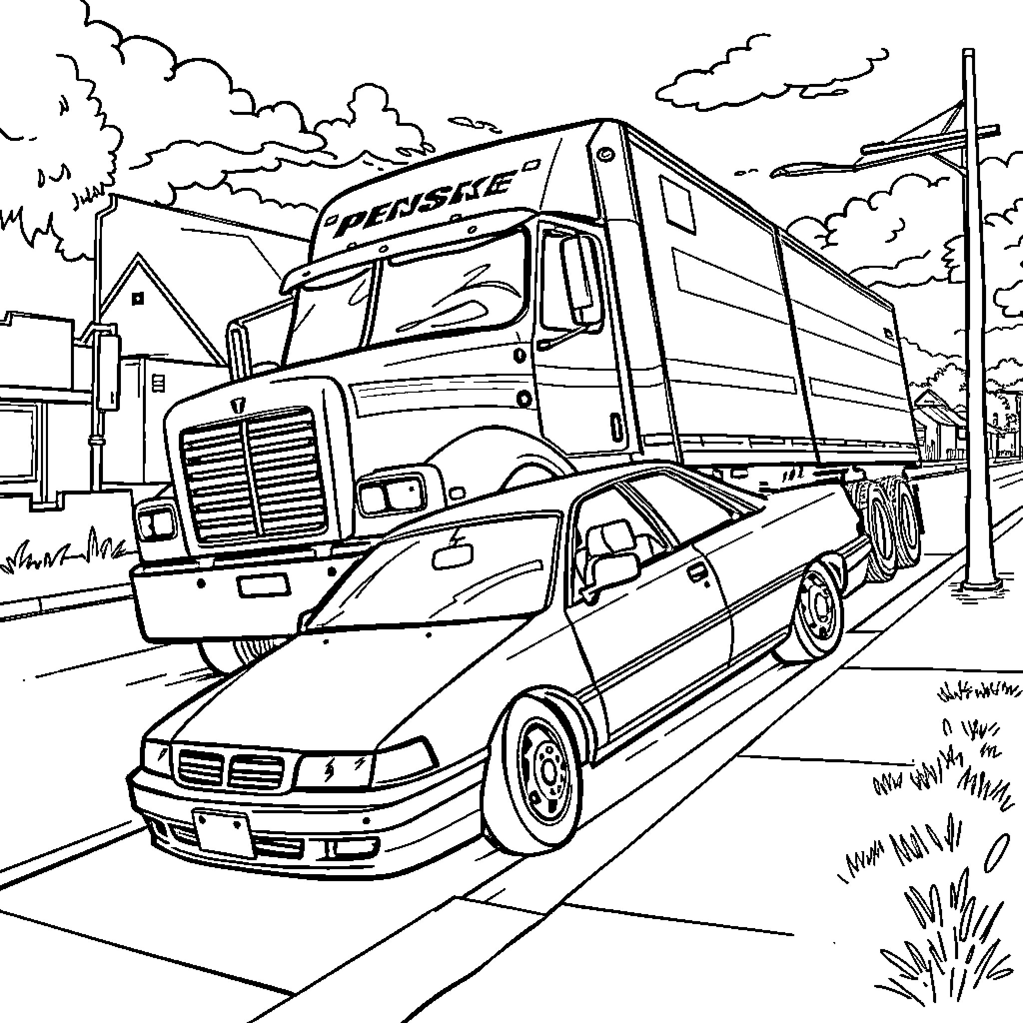 Truck transporting cargo through urban streets Coloring Page (free black-and-white line drawing printable PDF for all, from beginners to advanced learners, including children, teens, adults, and seniors)