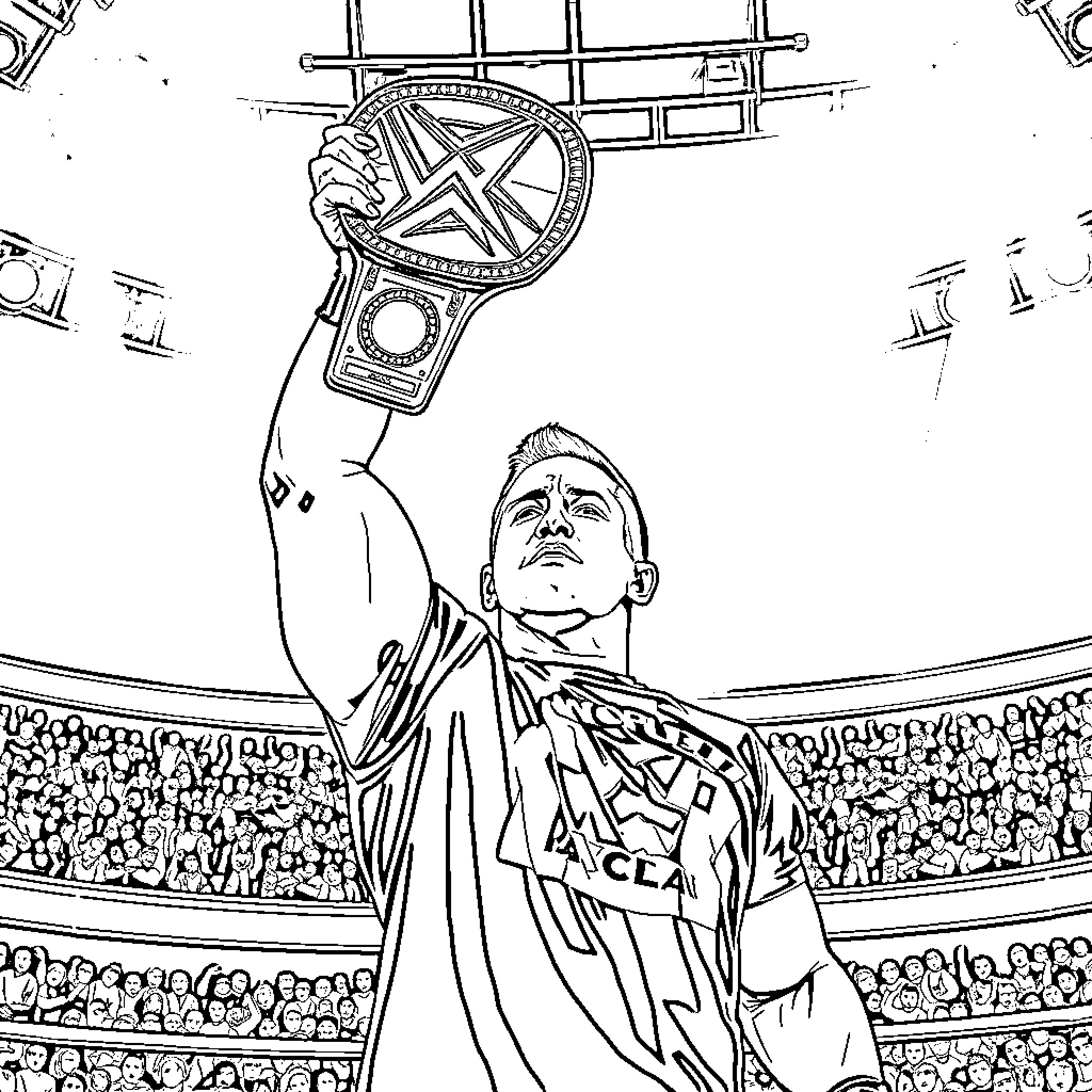 John Cena triumphantly raises championship belt in stadium Coloring Page (free black-and-white line drawing printable PDF for all, from beginners to advanced learners, including children, teens, adults, and seniors)