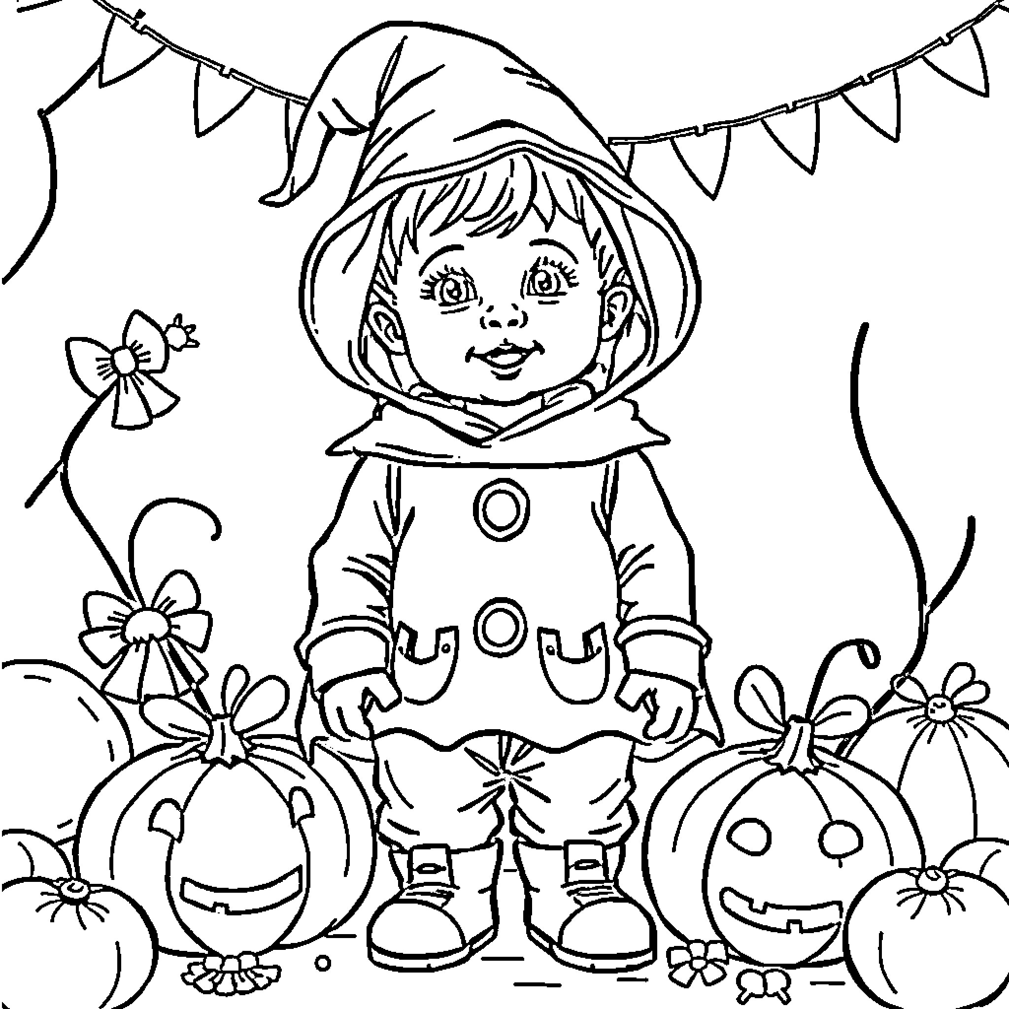 Toddler in Halloween costume among pumpkins and decorations Coloring Page (free black-and-white line drawing printable PDF for all, from beginners to advanced learners, including children, teens, adults, and seniors)