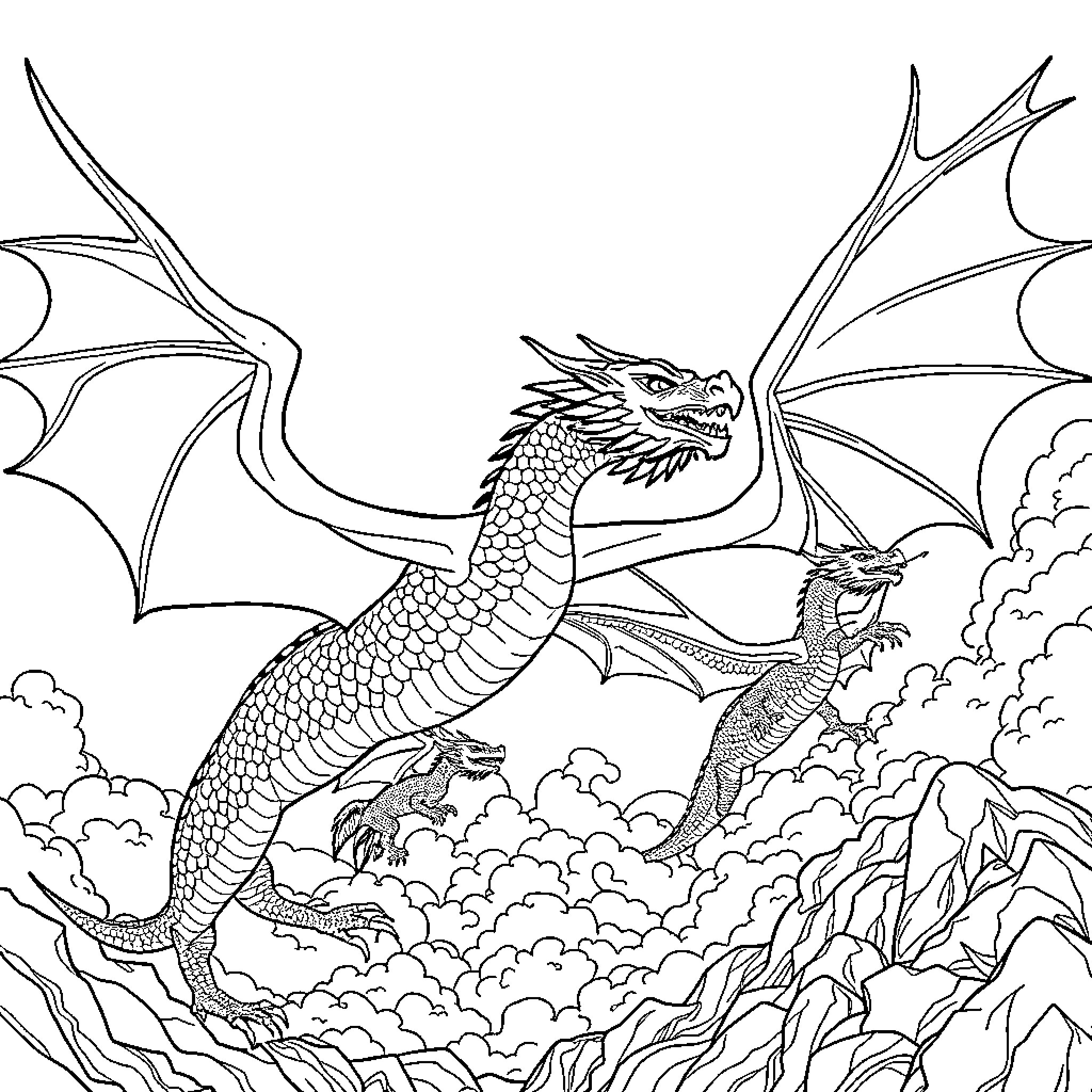 Dragons soaring amidst cloud-filled skies Coloring Page (free black-and-white line drawing printable PDF for all, from beginners to advanced learners, including children, teens, adults, and seniors)