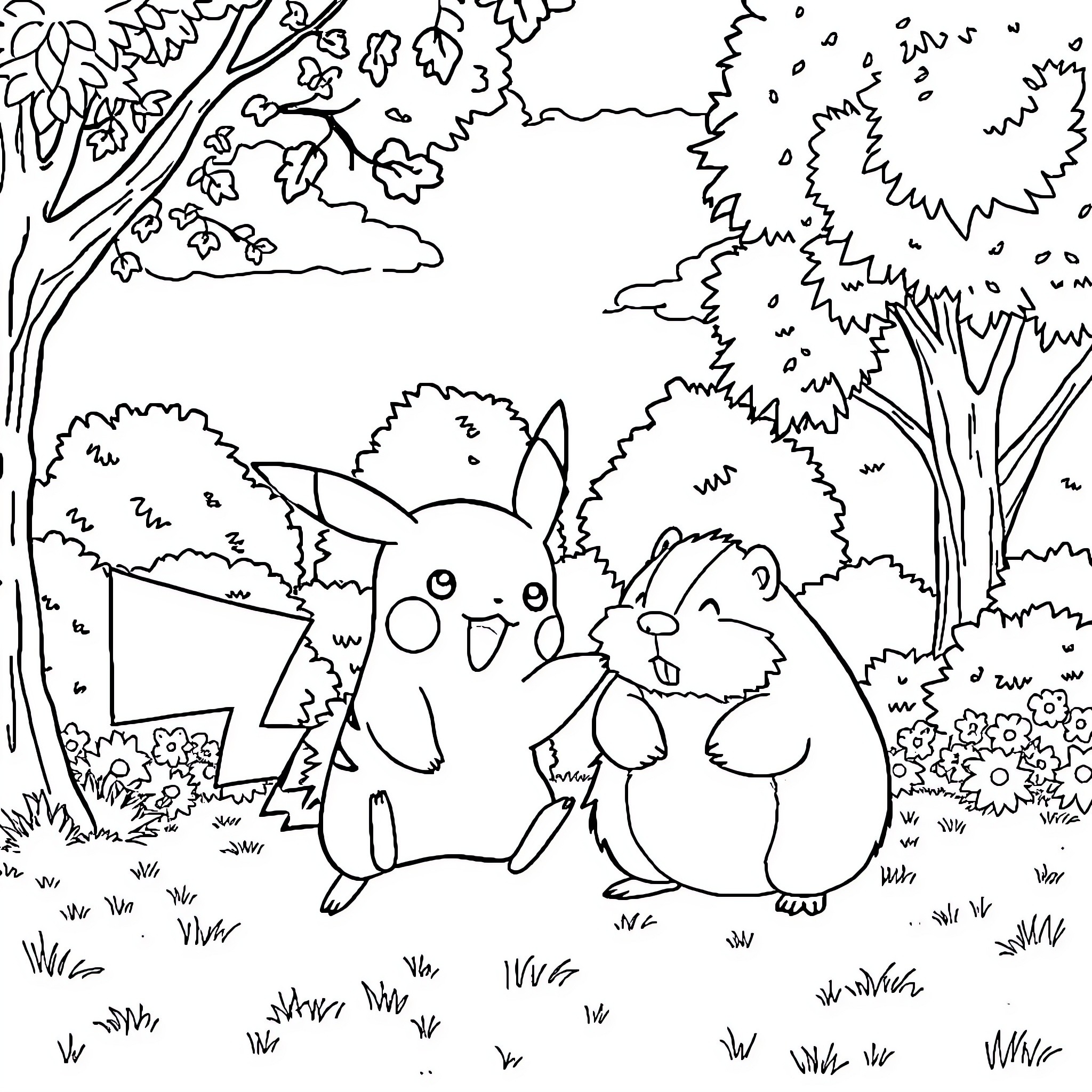 Pikachu and Squirtle playing happily in the forest Coloring Page (free black-and-white line drawing printable PDF for all, from beginners to advanced learners, including children, teens, adults, and seniors)