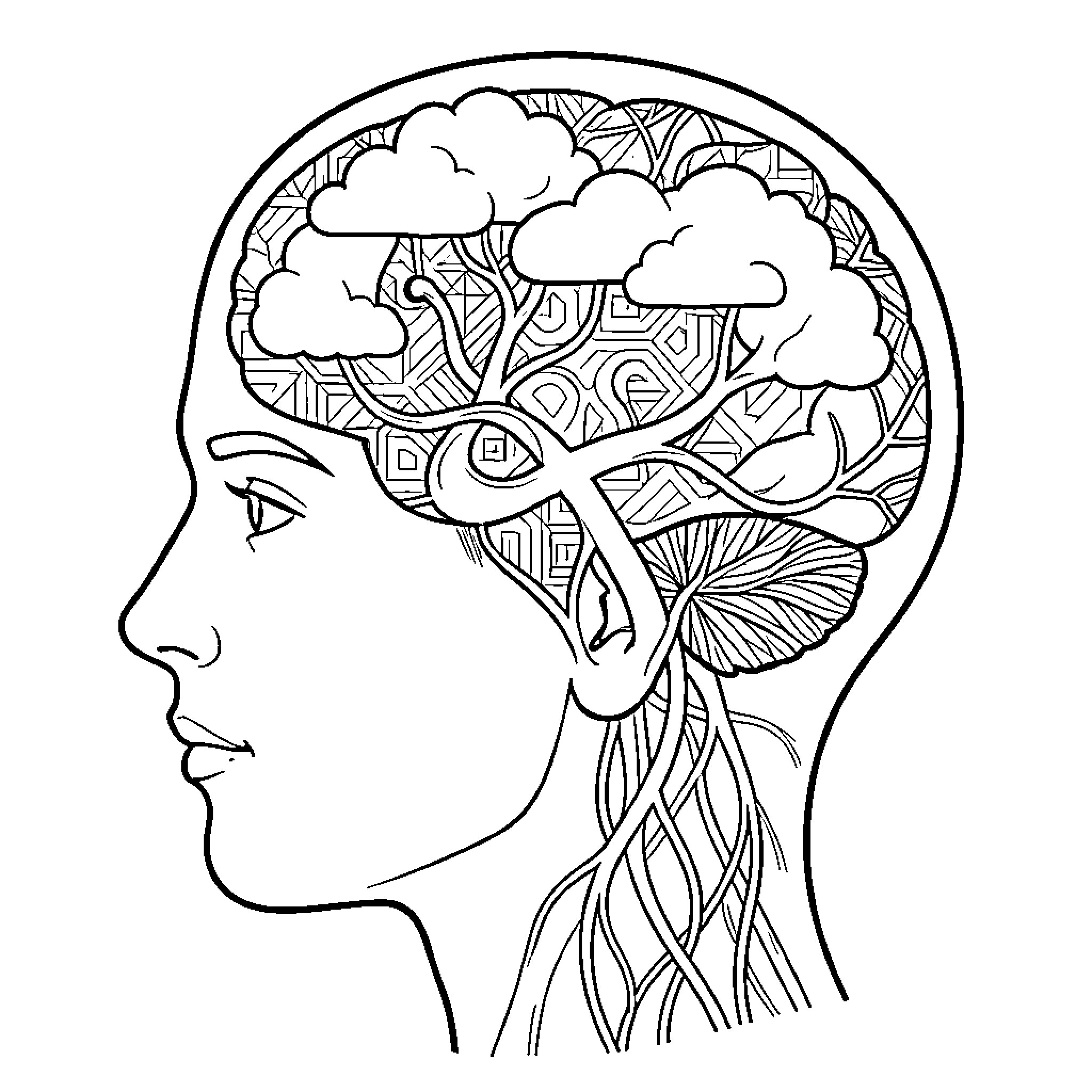 Human Head with Abstract Brain Design Coloring Page (free black-and-white line drawing printable PDF for all, from beginners to advanced learners, including children, teens, adults, and seniors)