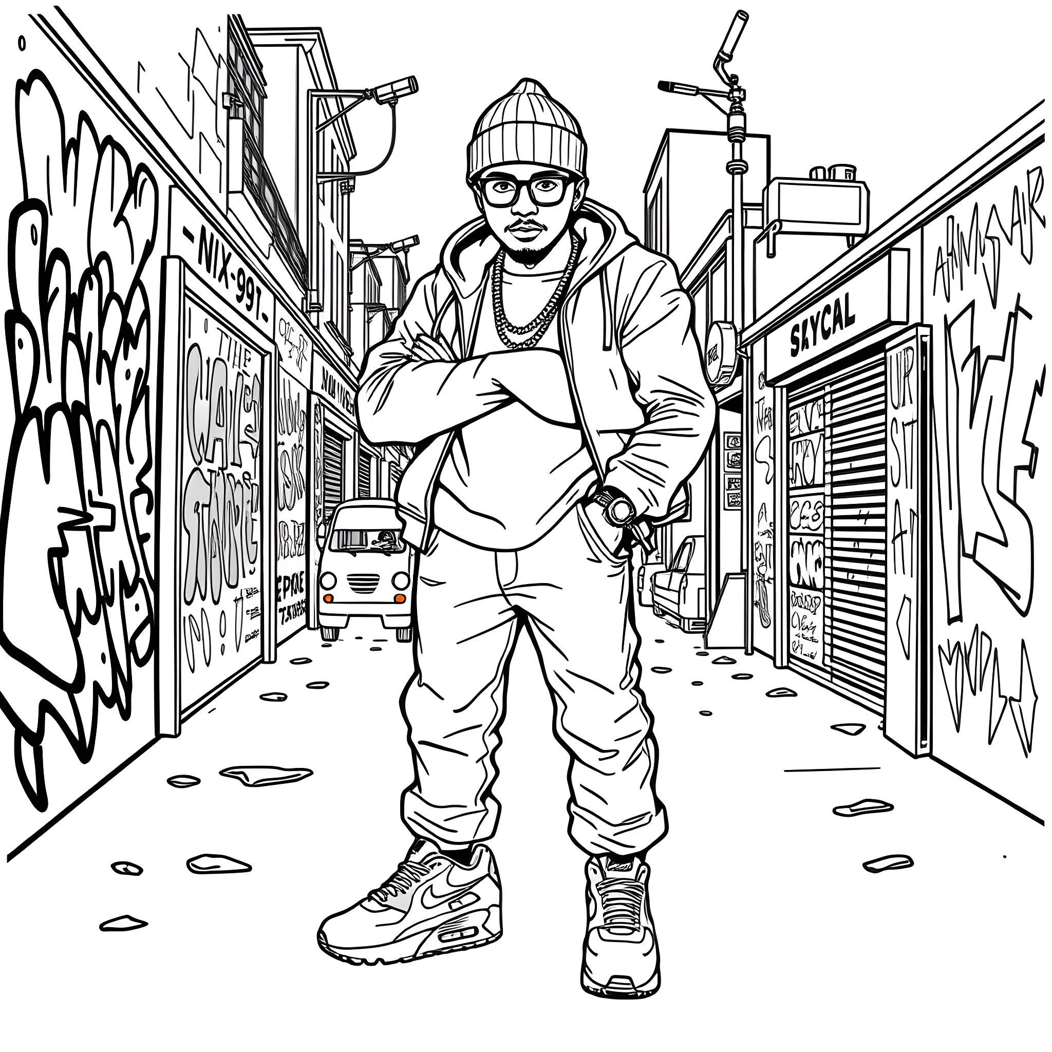 Rapper standing confidently in urban alley Coloring Page (free black-and-white line drawing printable PDF for all, from beginners to advanced learners, including children, teens, adults, and seniors)