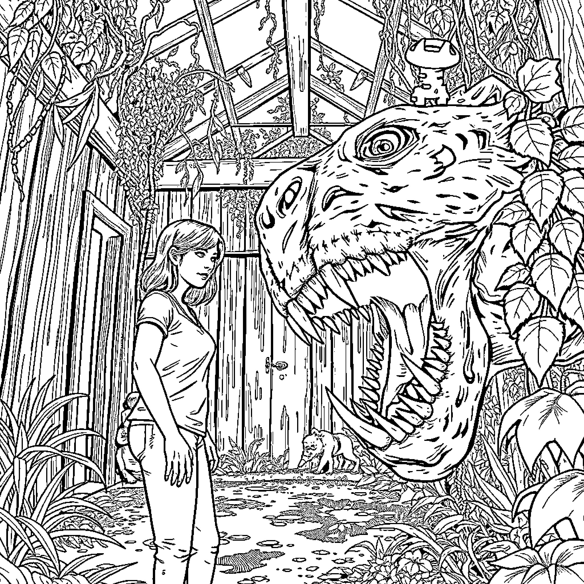 Ellie's Encounter with the Dinosaur in the Wilderness Coloring Page (free black-and-white line drawing printable PDF for all, from beginners to advanced learners, including children, teens, adults, and seniors)