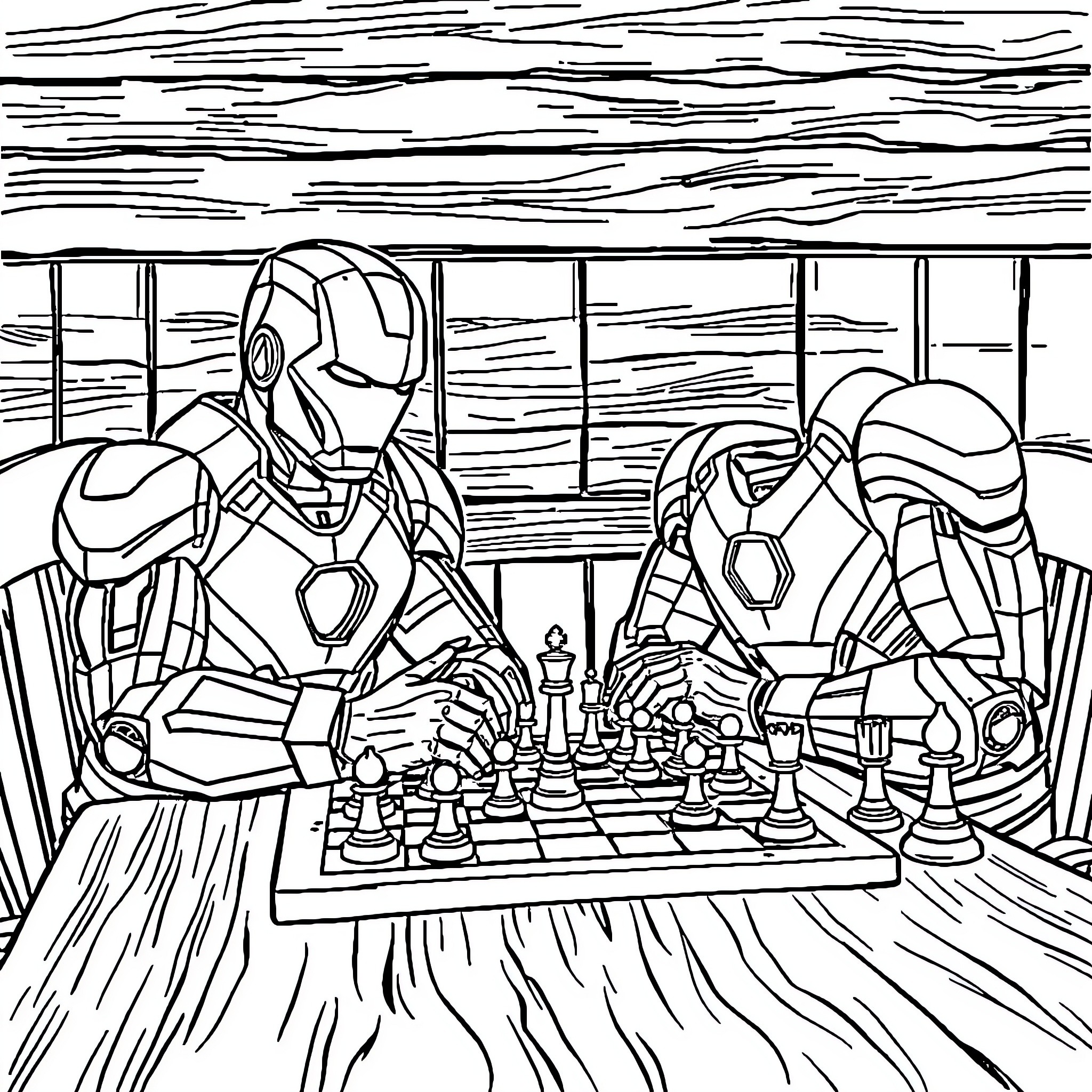 Iron Man playing chess with an ally Coloring Page (free black-and-white line drawing printable PDF for all, from beginners to advanced learners, including children, teens, adults, and seniors)