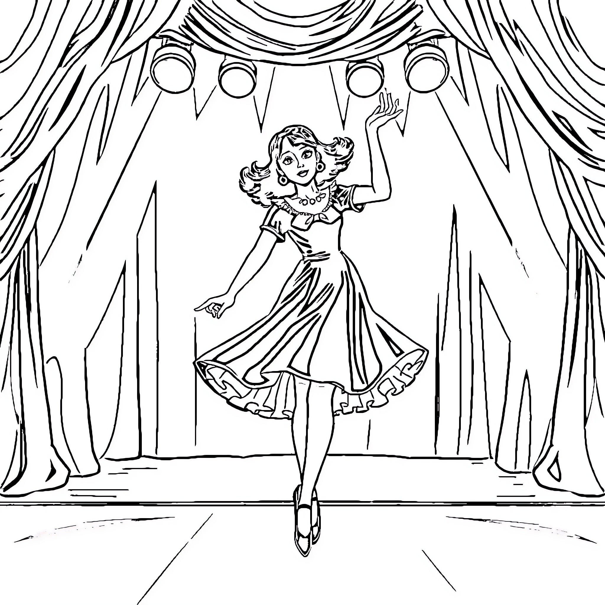 Wednesday's Curtain Curtsey Dance Coloring Page (free black-and-white line drawing printable PDF for all, from beginners to advanced learners, including children, teens, adults, and seniors)