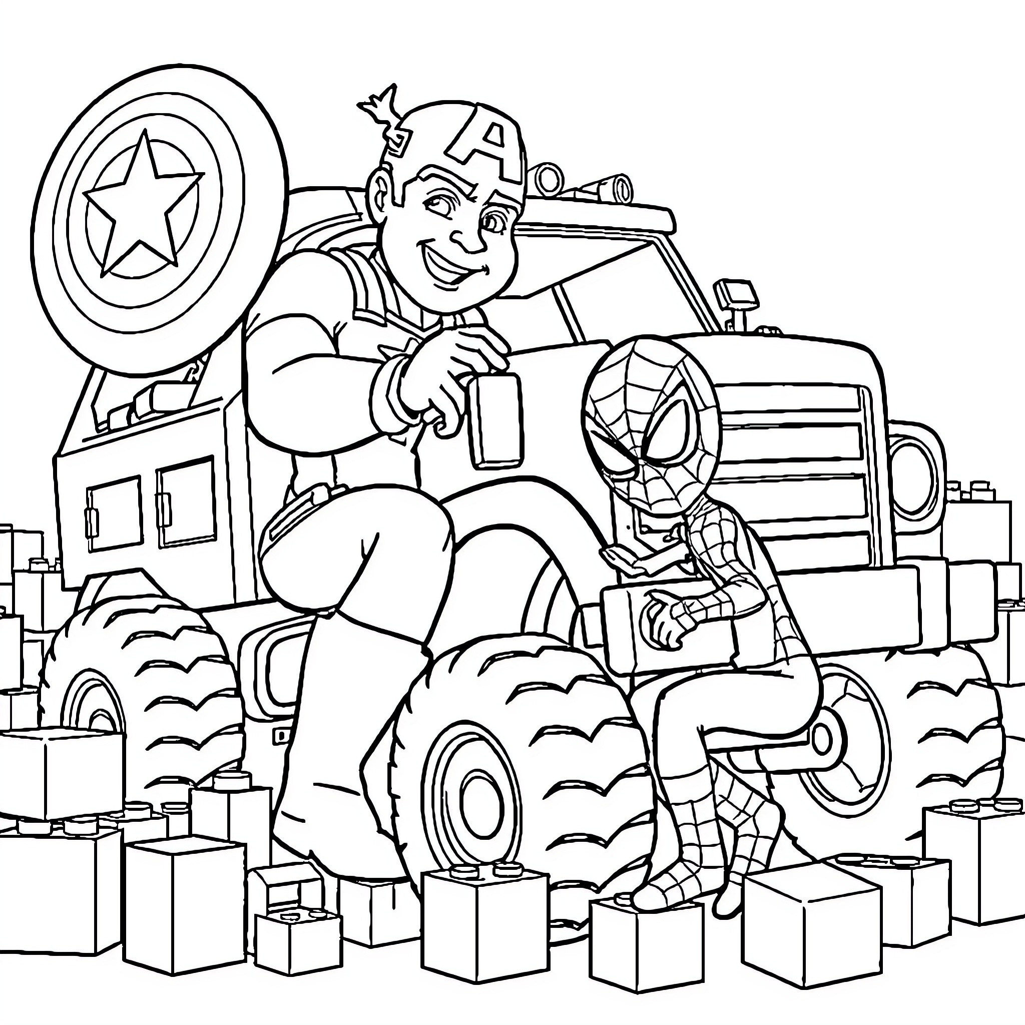 Captain America and Spider-Man work together on a construction site Coloring Page (free black-and-white line drawing printable PDF for all, from beginners to advanced learners, including children, teens, adults, and seniors)