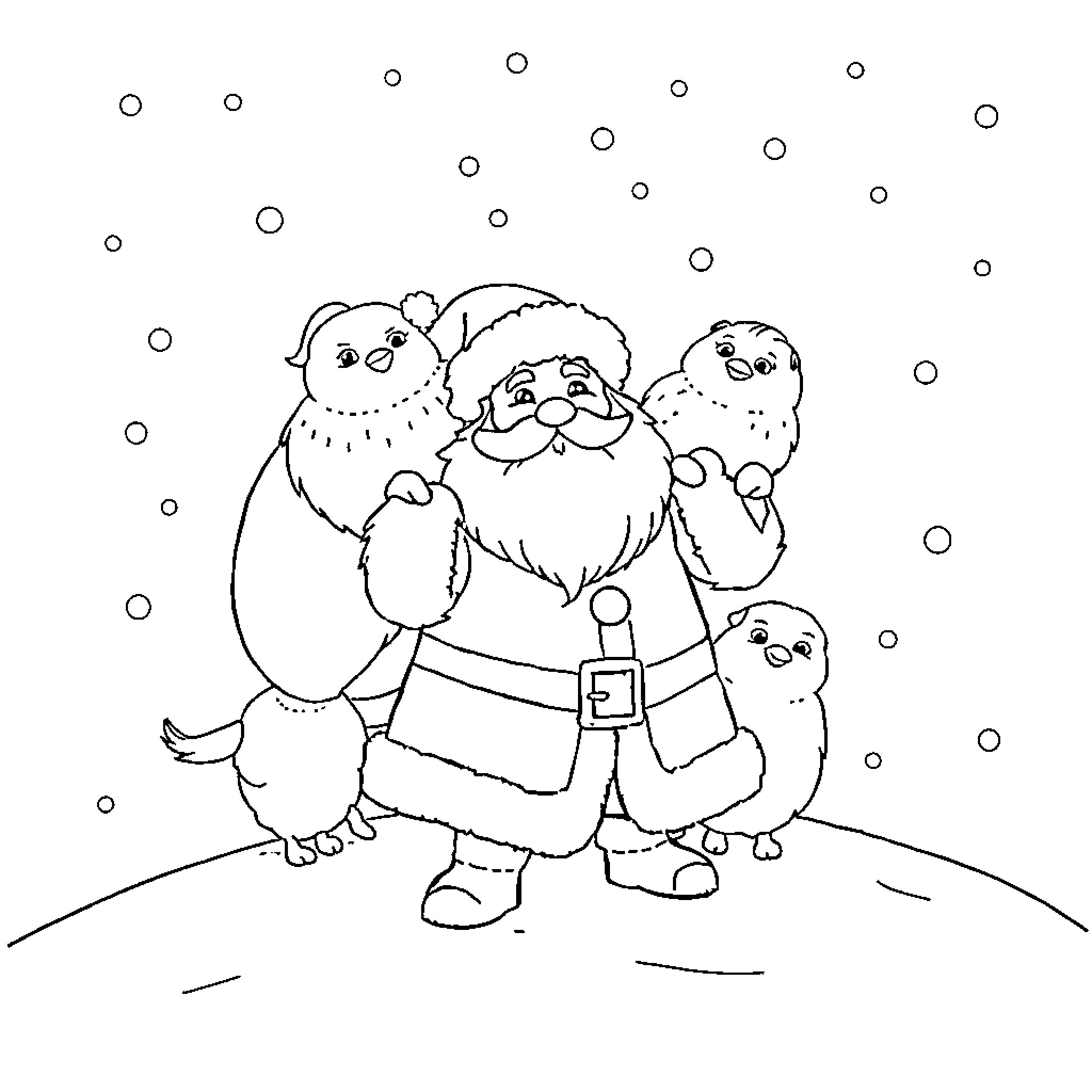 Santa Claus surrounded by playful chicks in the snow Coloring Page (free black-and-white line drawing printable PDF for all, from beginners to advanced learners, including children, teens, adults, and seniors)