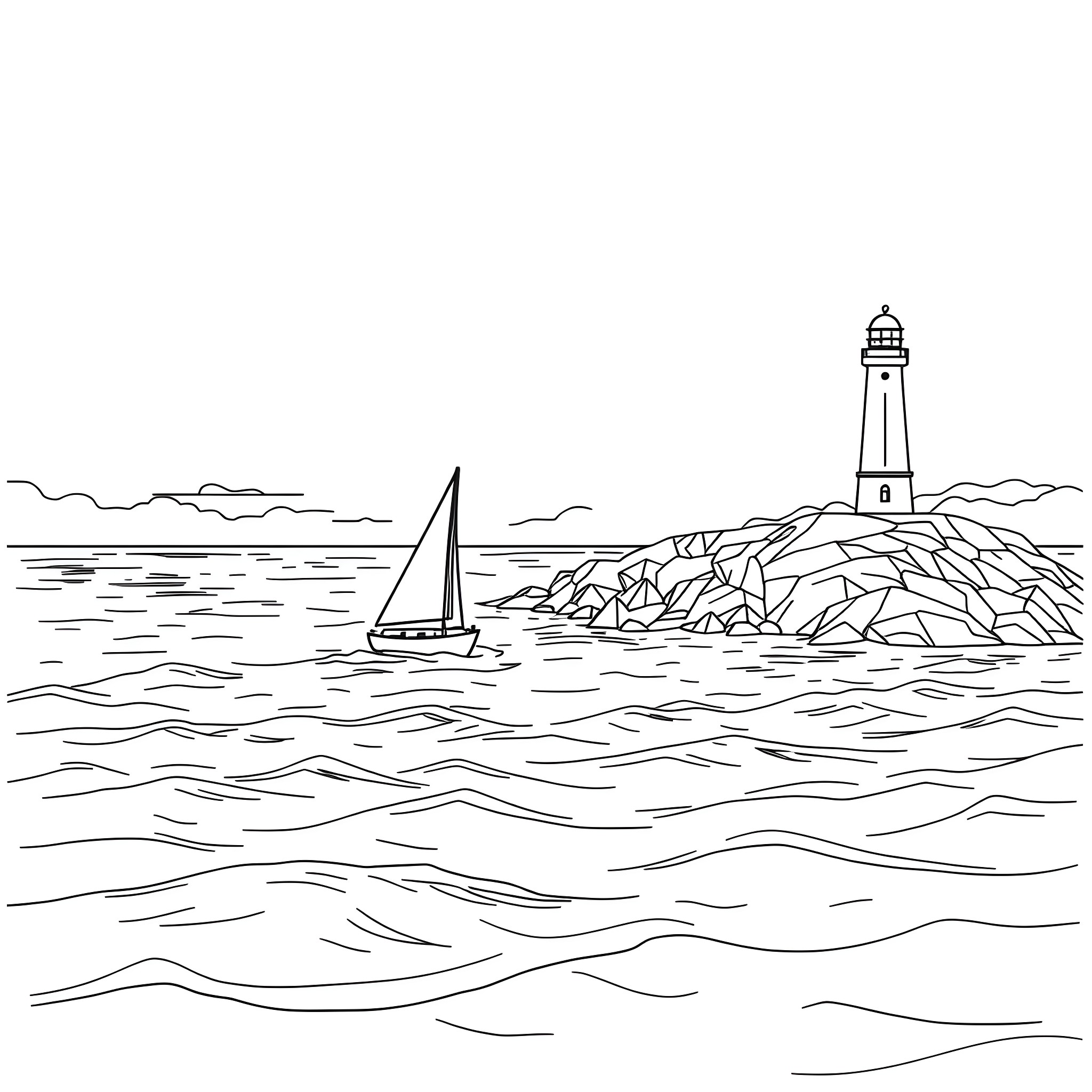 Sea with Sailboat and Lighthouse Coloring Page (free black-and-white line drawing printable PDF for all, from beginners to advanced learners, including children, teens, adults, and seniors)