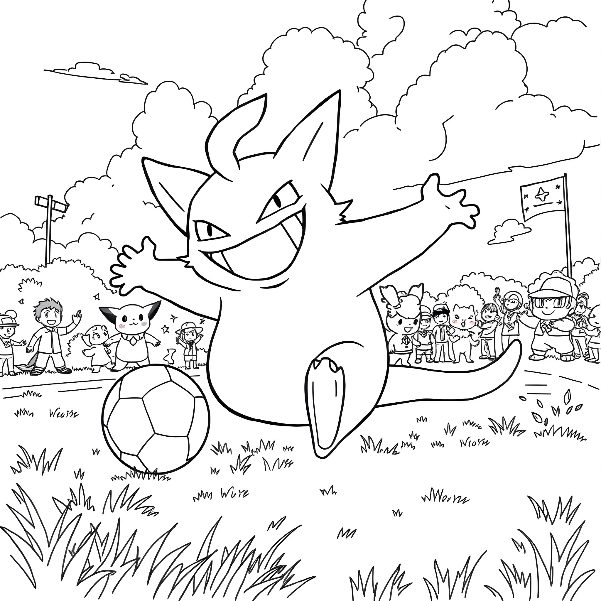 Gengar playing and laughing with children in a field Coloring Page (free black-and-white line drawing printable PDF for all, from beginners to advanced learners, including children, teens, adults, and seniors)