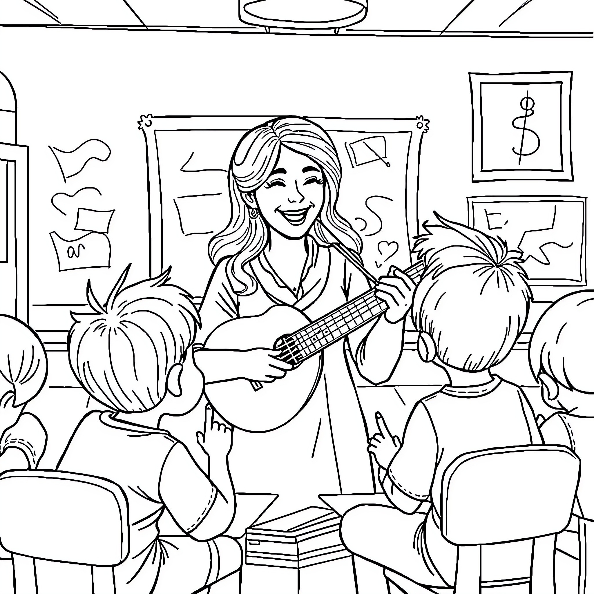 Maestra teaching music to her students Coloring Page (free black-and-white line drawing printable PDF for all, from beginners to advanced learners, including children, teens, adults, and seniors)