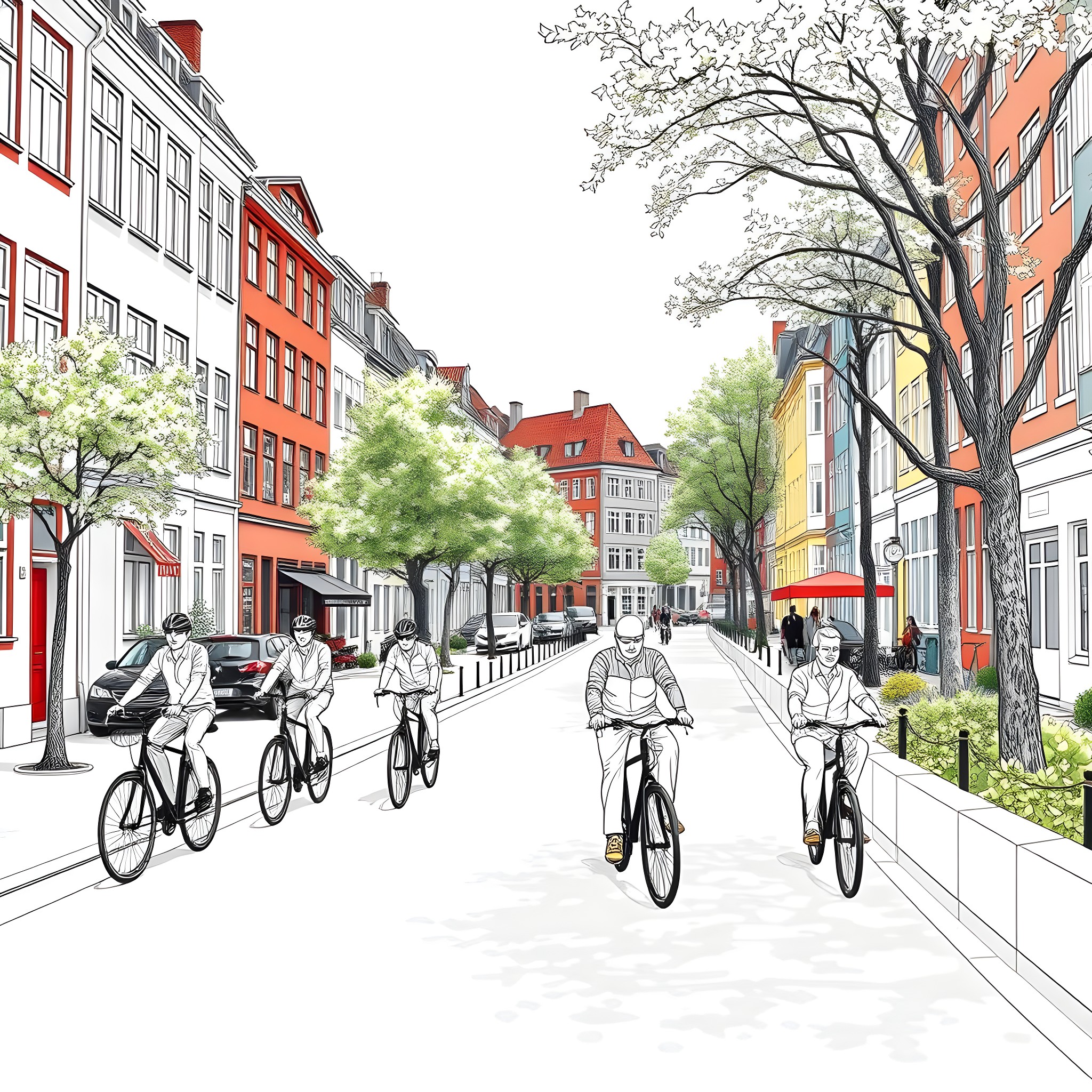 Bicycle riders enjoying scenic city street Coloring Page (free black-and-white line drawing printable PDF for all, from beginners to advanced learners, including children, teens, adults, and seniors)