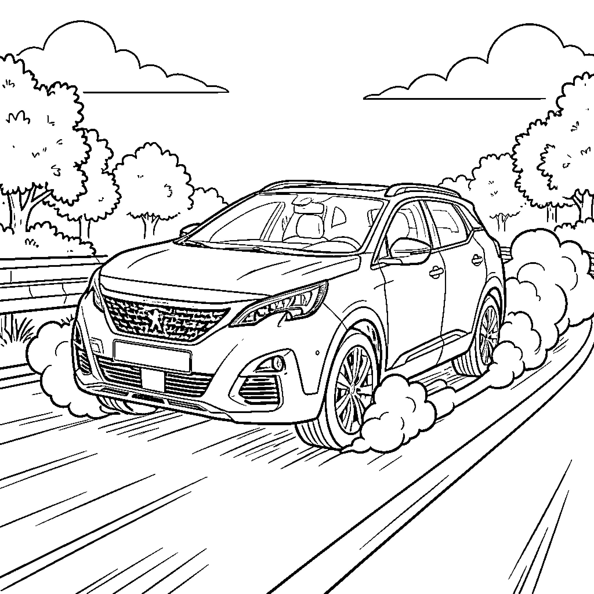 Peugeot 5008 driving fast along a scenic road Coloring Page (free black-and-white line drawing printable PDF for all, from beginners to advanced learners, including children, teens, adults, and seniors)