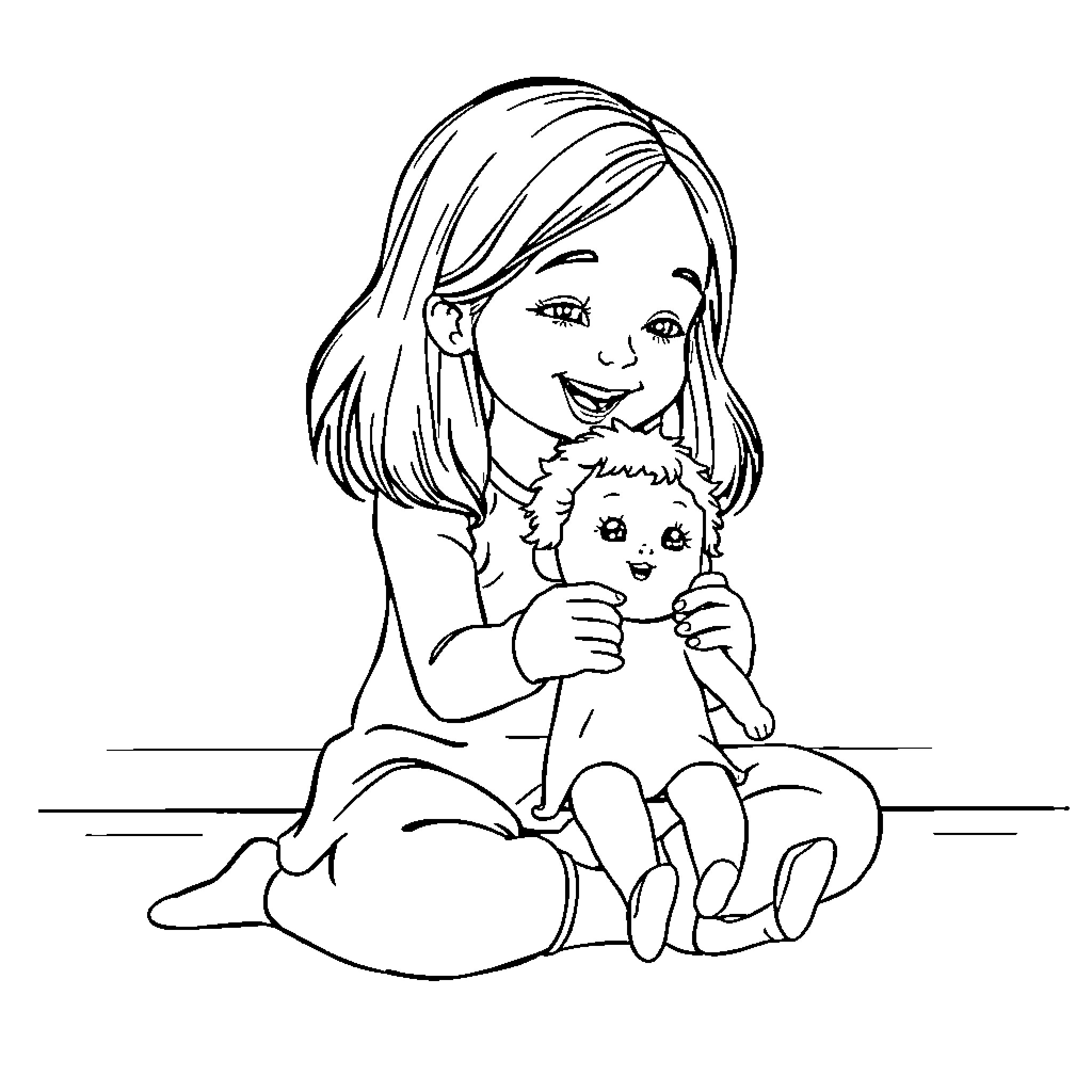 Ms Rachel Caring for a Plush Doll Coloring Page (free black-and-white line drawing printable PDF for all, from beginners to advanced learners, including children, teens, adults, and seniors)