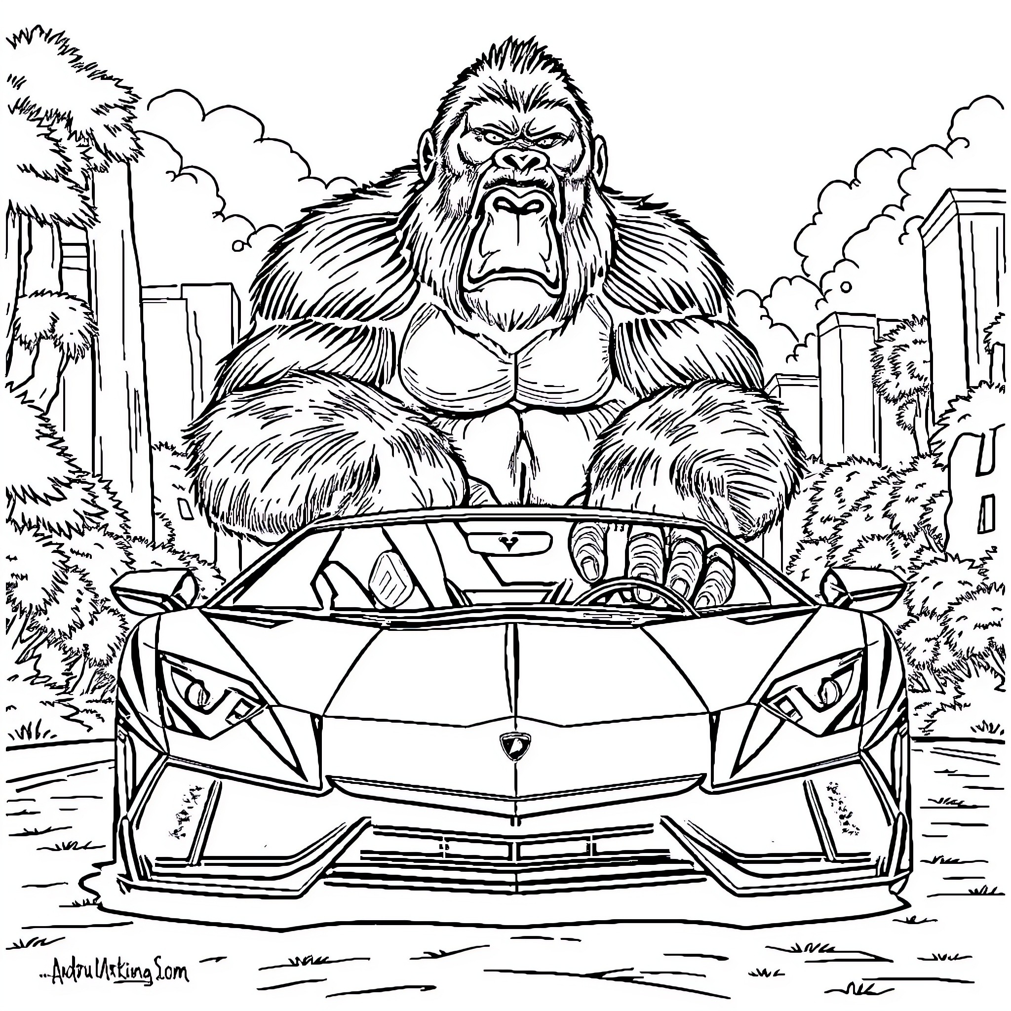 King Kong towering over sports car in cityscape Coloring Page (free black-and-white line drawing printable PDF for all, from beginners to advanced learners, including children, teens, adults, and seniors)