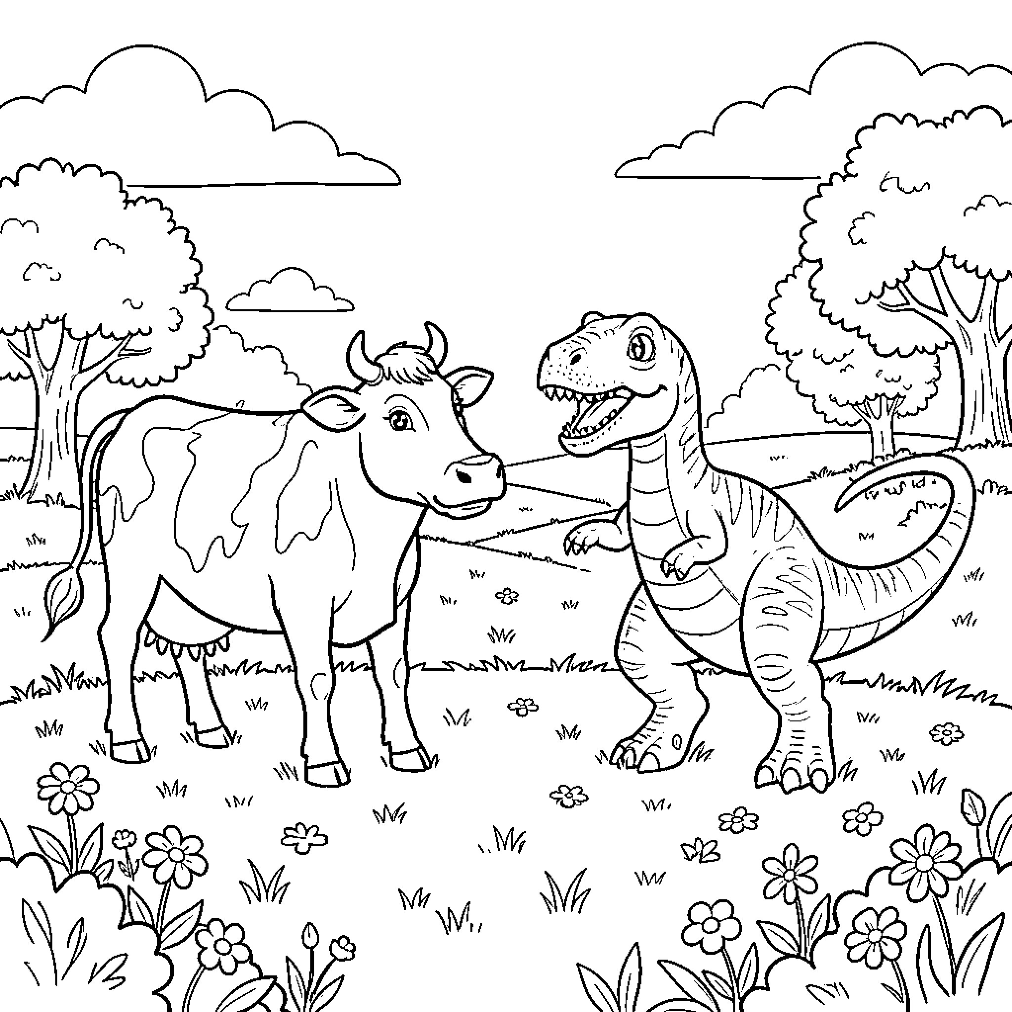 Cow and Dinosaur Interacting in a Flowery Field Coloring Page (free black-and-white line drawing printable PDF for all, from beginners to advanced learners, including children, teens, adults, and seniors)