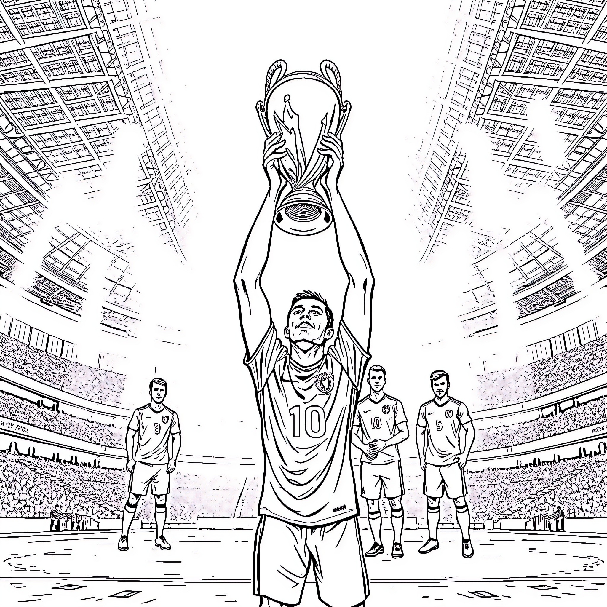 Thierry Henry celebrating championship trophy with teammates Coloring Page (free black-and-white line drawing printable PDF for all, from beginners to advanced learners, including children, teens, adults, and seniors)