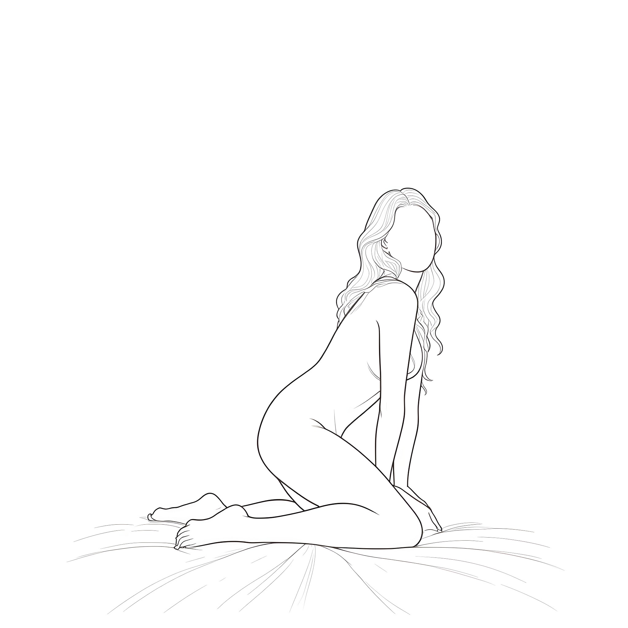 Model in contemplative pose on the ground Coloring Page (free black-and-white line drawing printable PDF for all, from beginners to advanced learners, including children, teens, adults, and seniors)