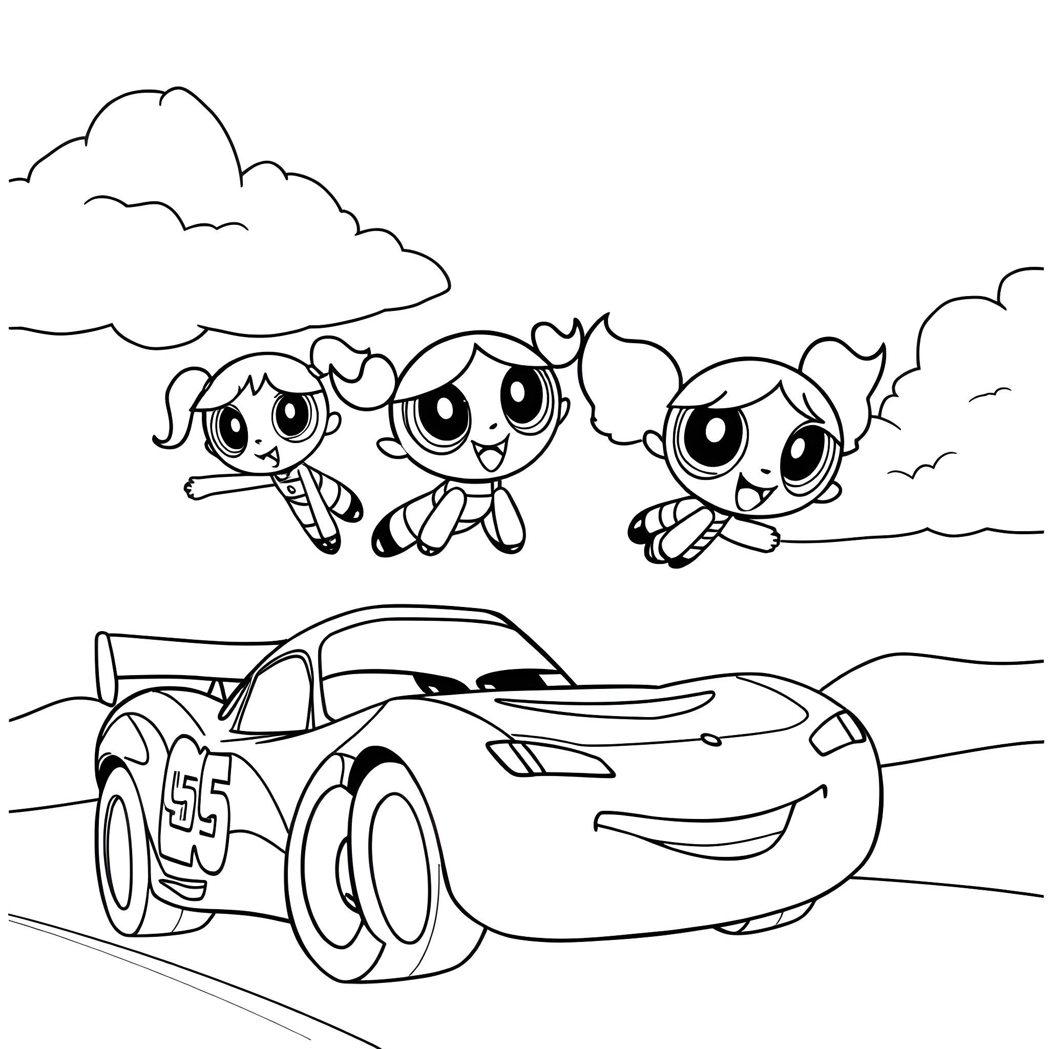 Power Puff Girls Racing with Lightning McQueen Coloring Page (free black-and-white line drawing printable PDF for all, from beginners to advanced learners, including children, teens, adults, and seniors)