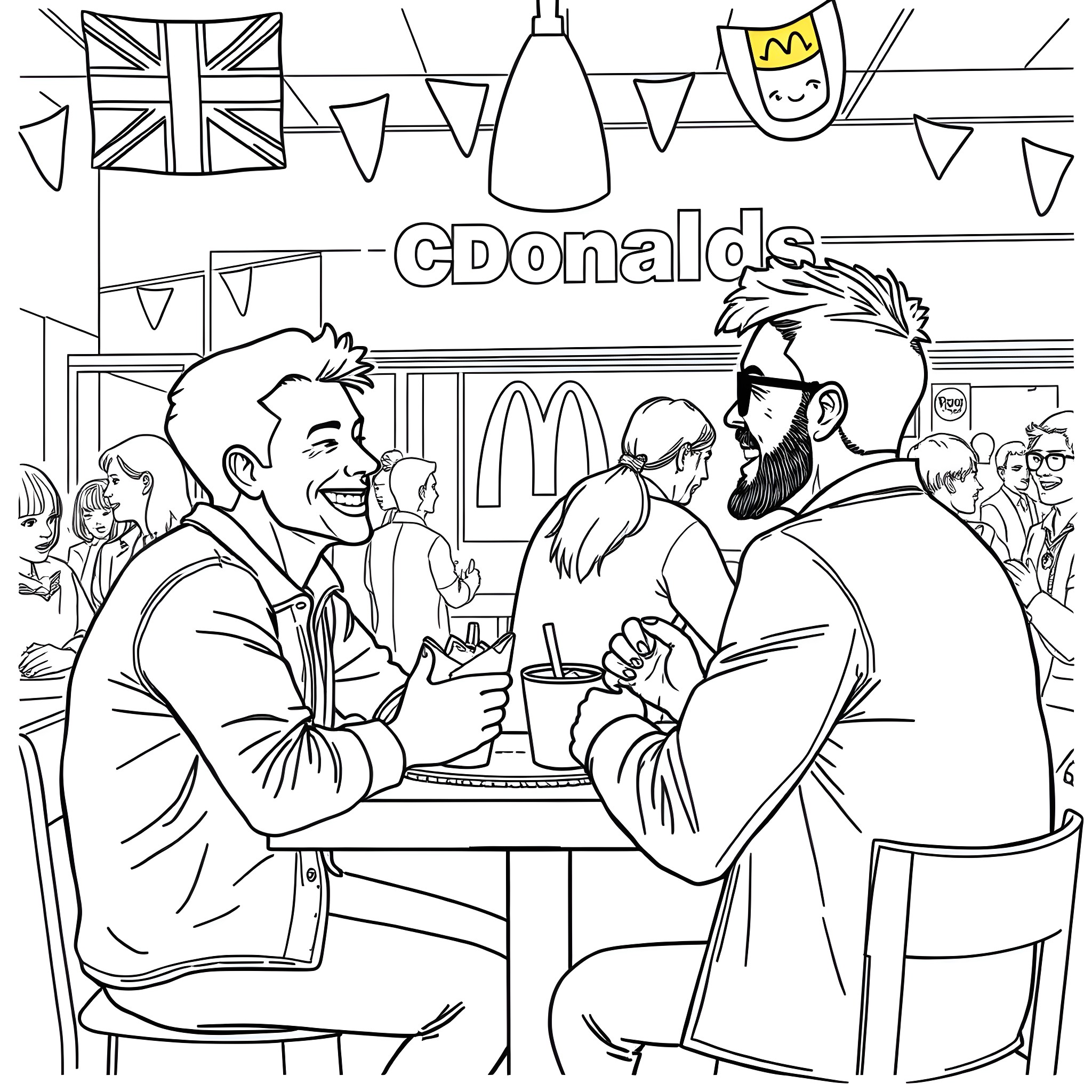 Couple enjoying drinks at a fast-food restaurant Coloring Page (free black-and-white line drawing printable PDF for all, from beginners to advanced learners, including children, teens, adults, and seniors)