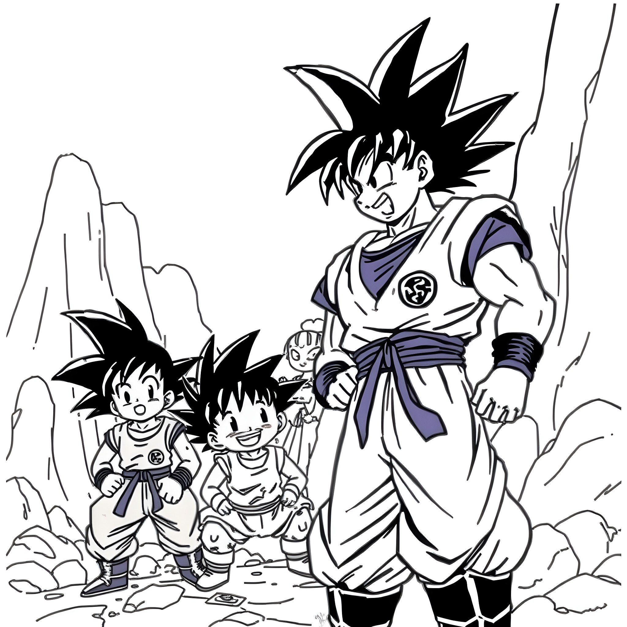 Dragonball Characters in Action Poses Coloring Page (free black-and-white line drawing printable PDF for all, from beginners to advanced learners, including children, teens, adults, and seniors)