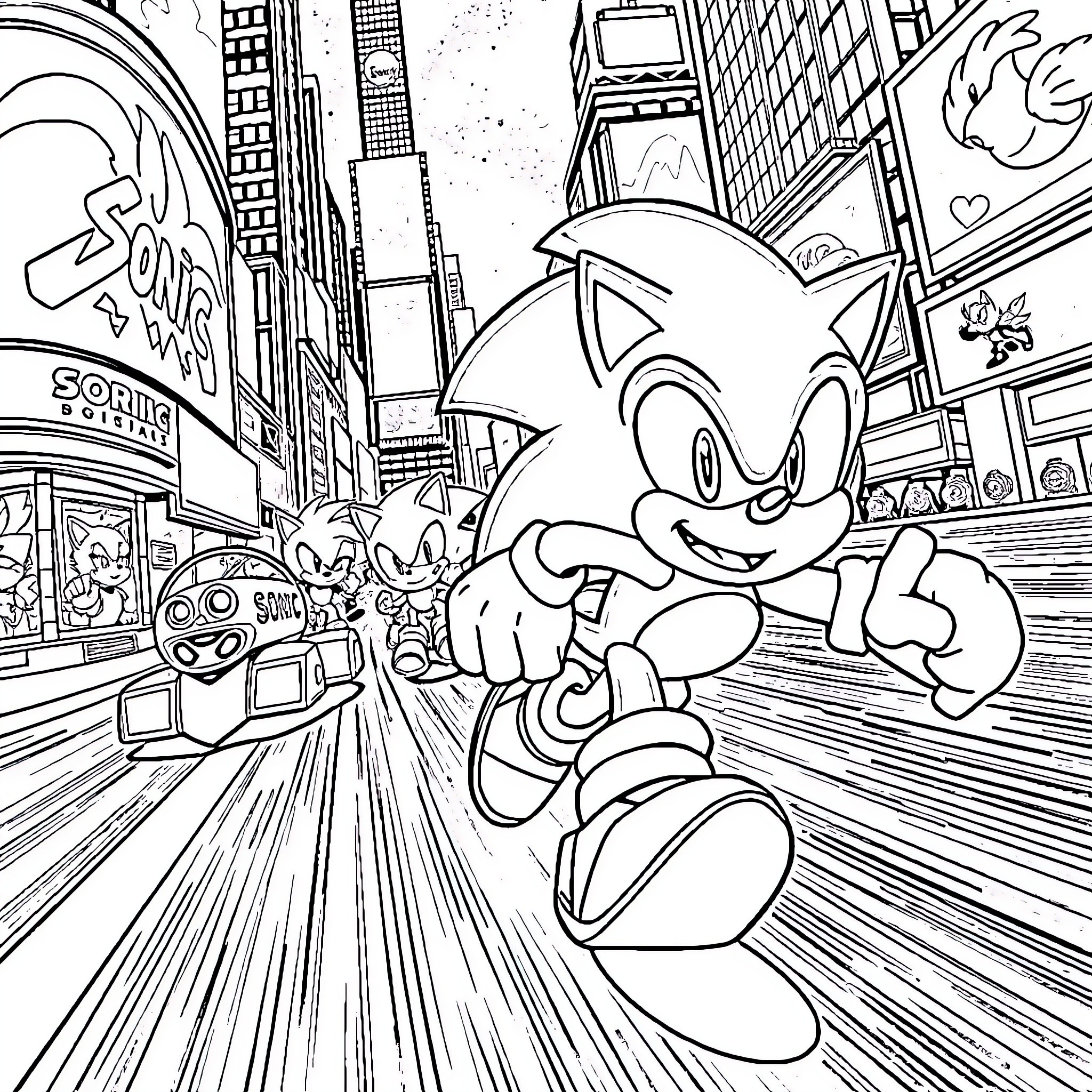 Sonic Racing Through Busy City Streets Coloring Page (free black-and-white line drawing printable PDF for all, from beginners to advanced learners, including children, teens, adults, and seniors)