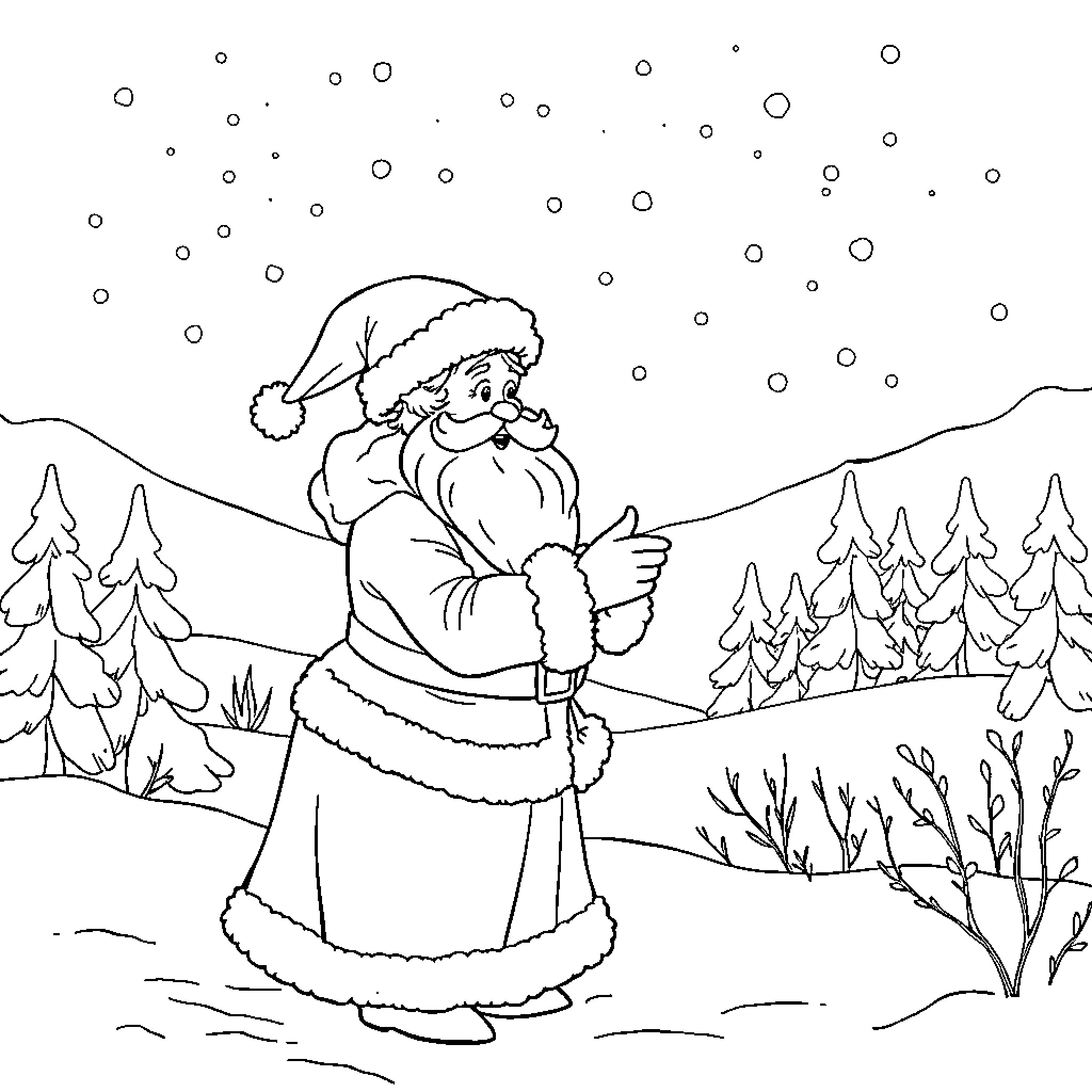 Mrs. Claus walking in the snowy winter landscape Coloring Page (free black-and-white line drawing printable PDF for all, from beginners to advanced learners, including children, teens, adults, and seniors)